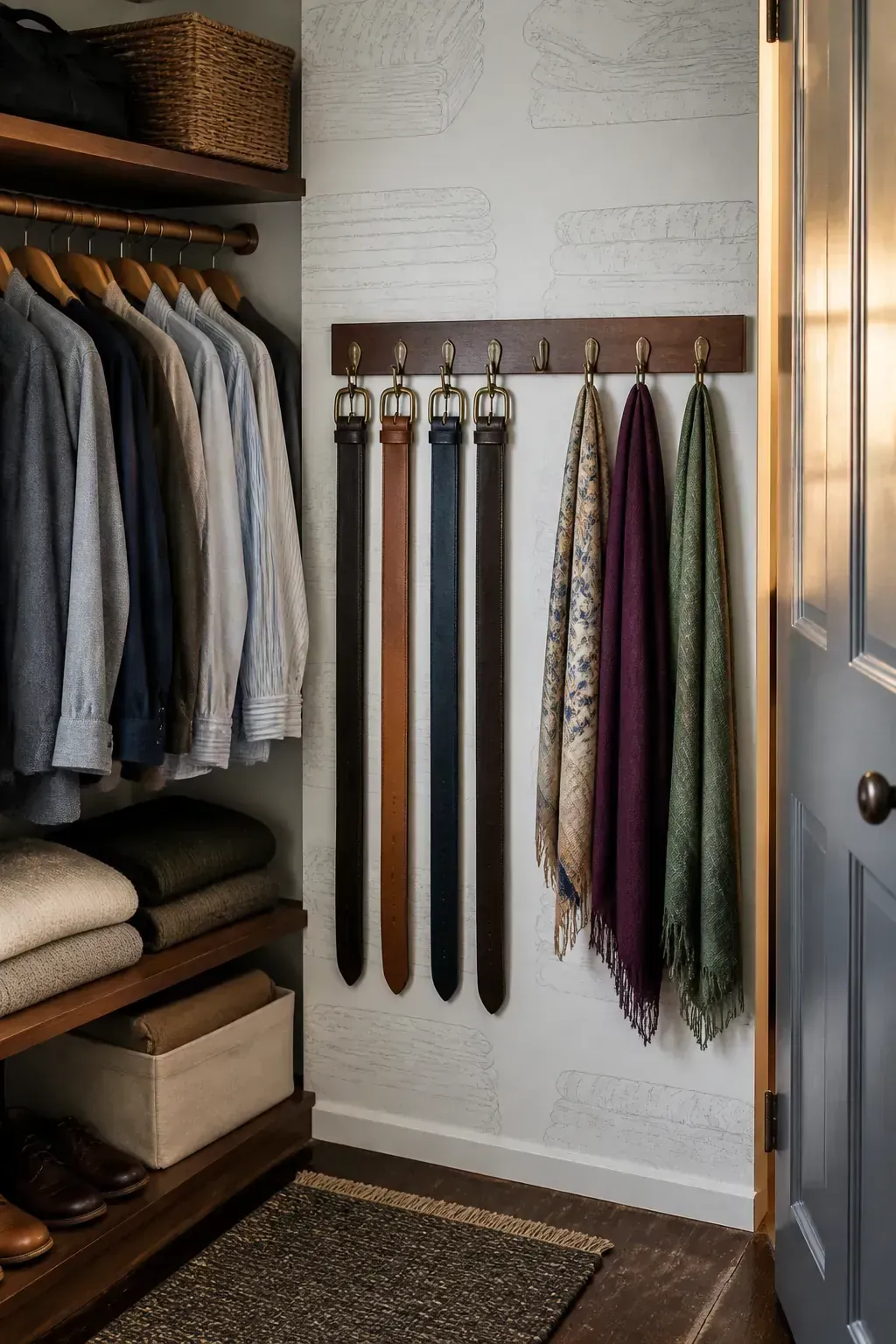 Belts and scarves organized beside daily closet outfits