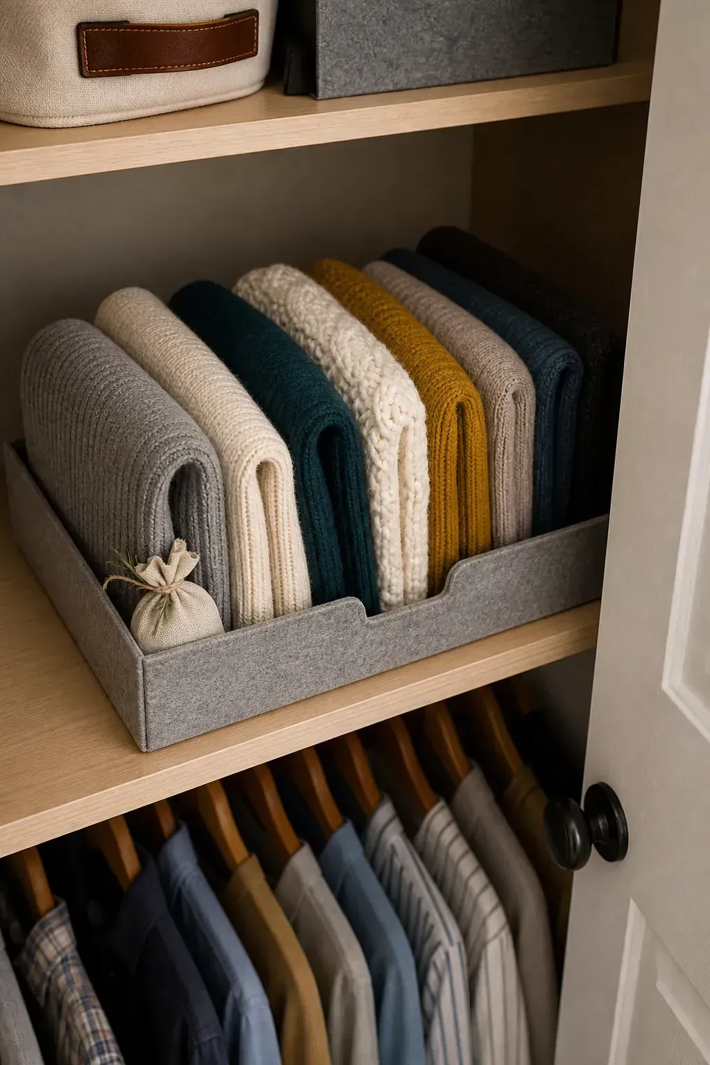 File folded knitwear arranged on a middle closet shelf