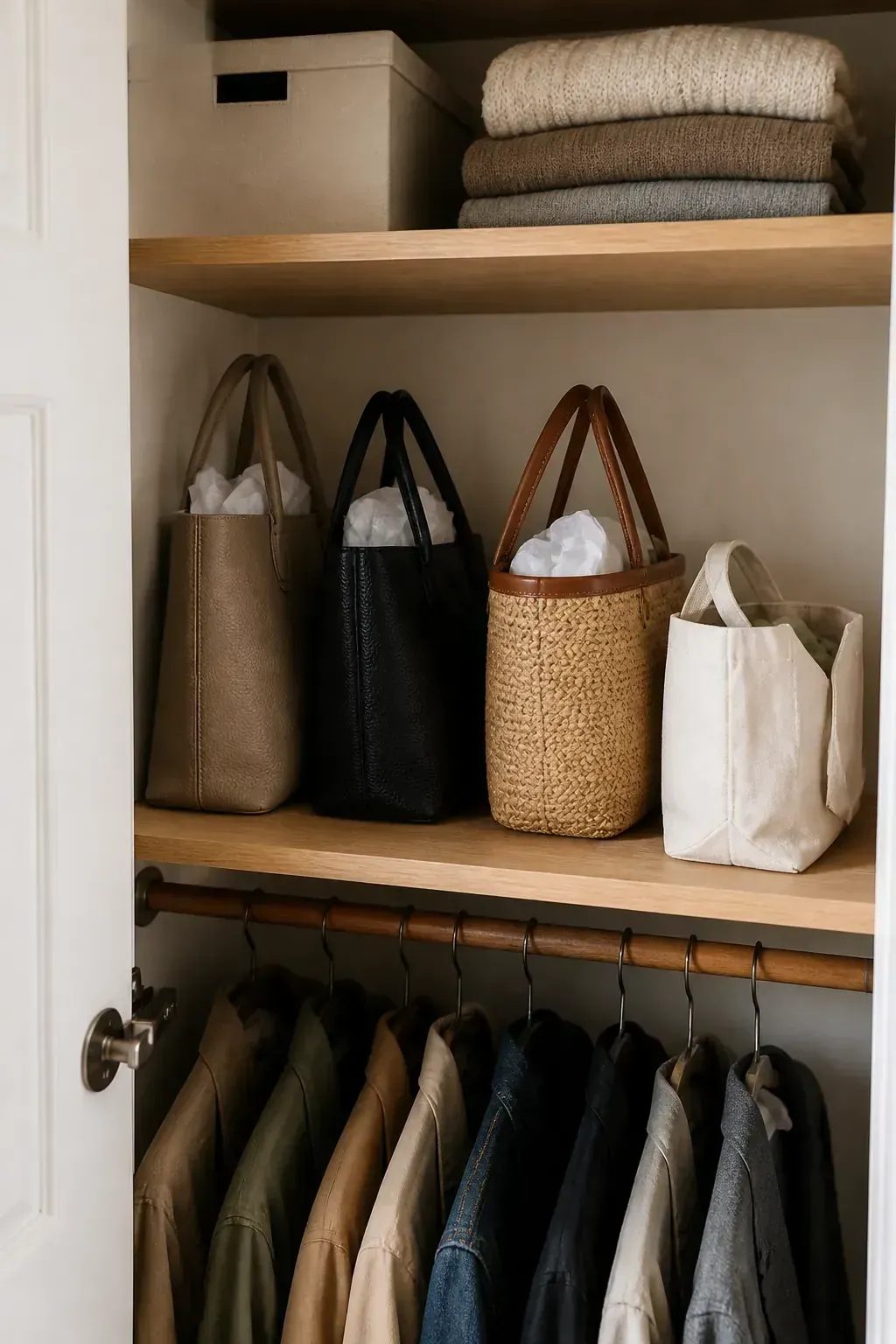 Small closet shelf for handbags in daily rotation