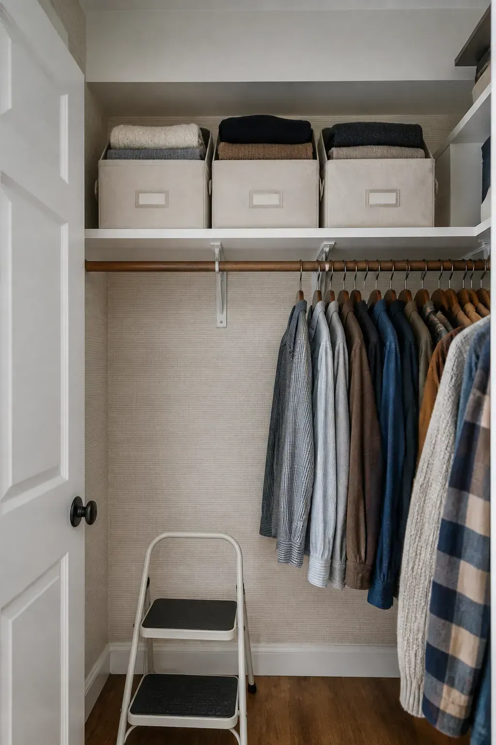 Breathable seasonal clothing boxes on a top closet shelf