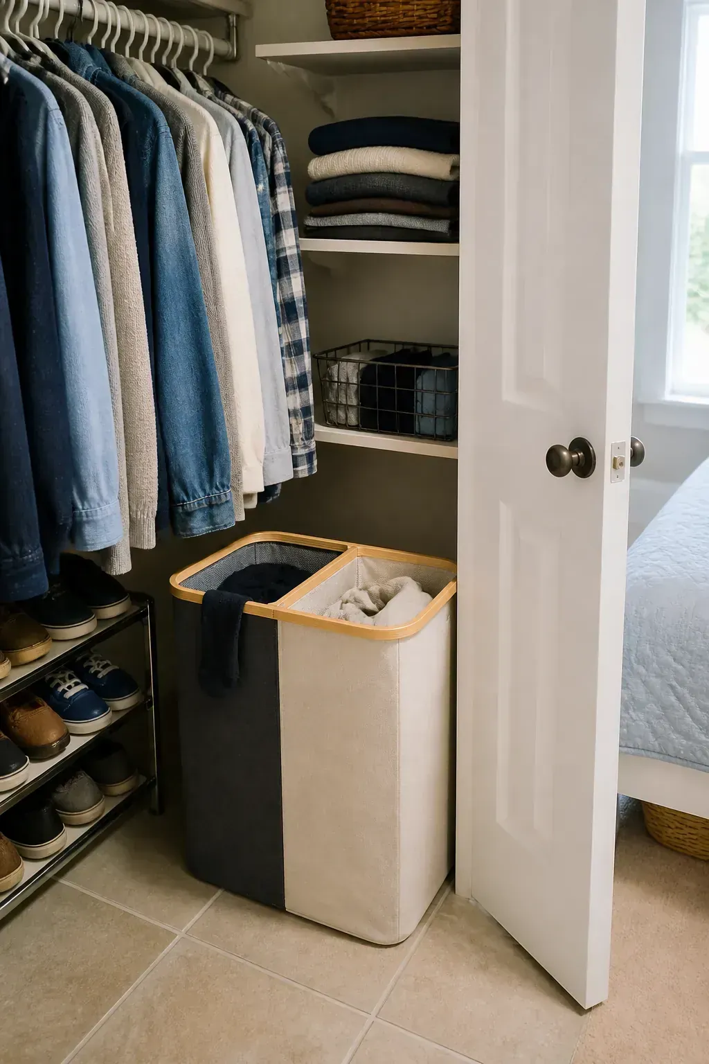 Narrow divided hamper beside an organized small closet