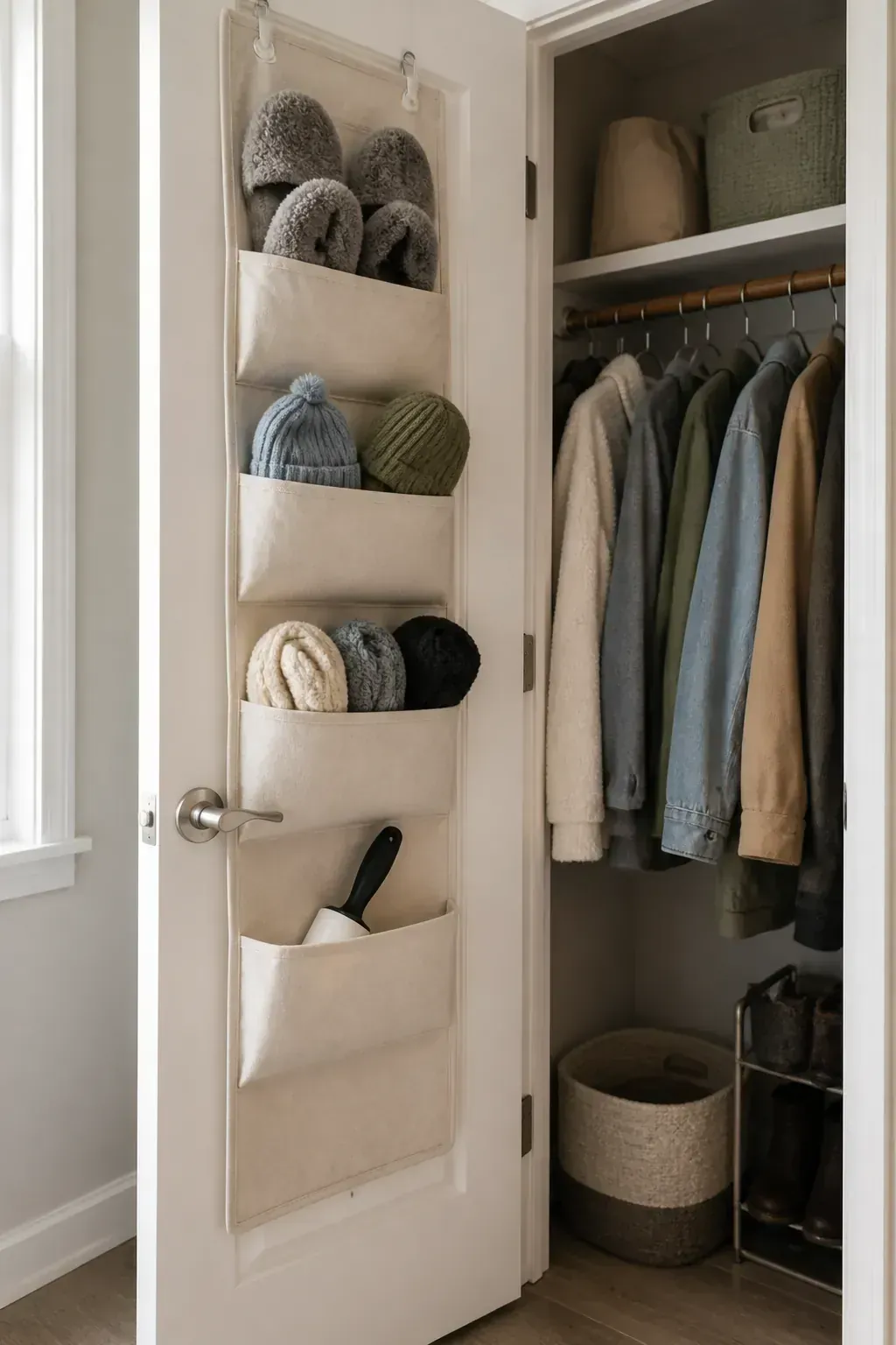 Light accessories stored on the back of a closet door