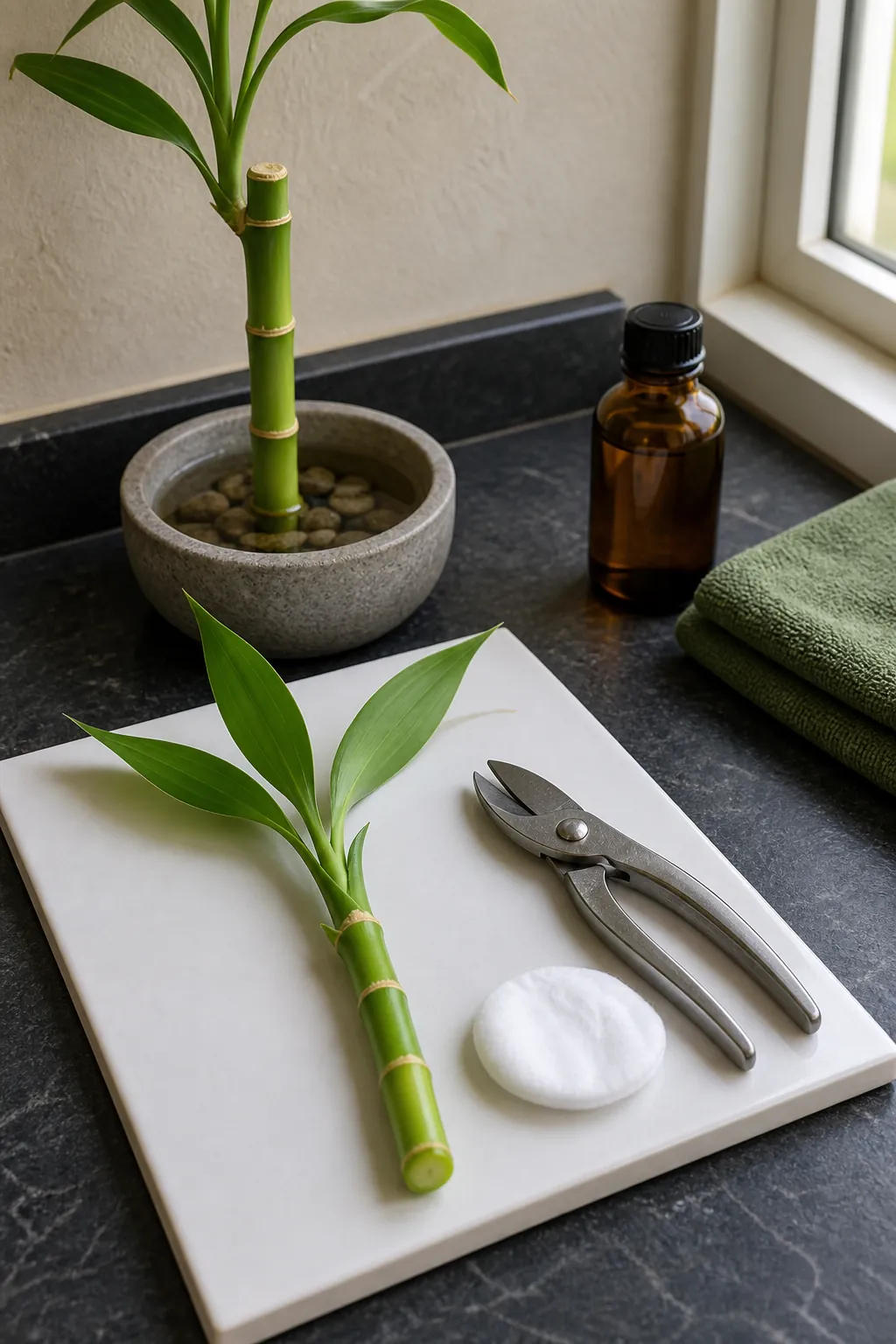 Clean lucky bamboo cutting made at the base of a leafy shoot