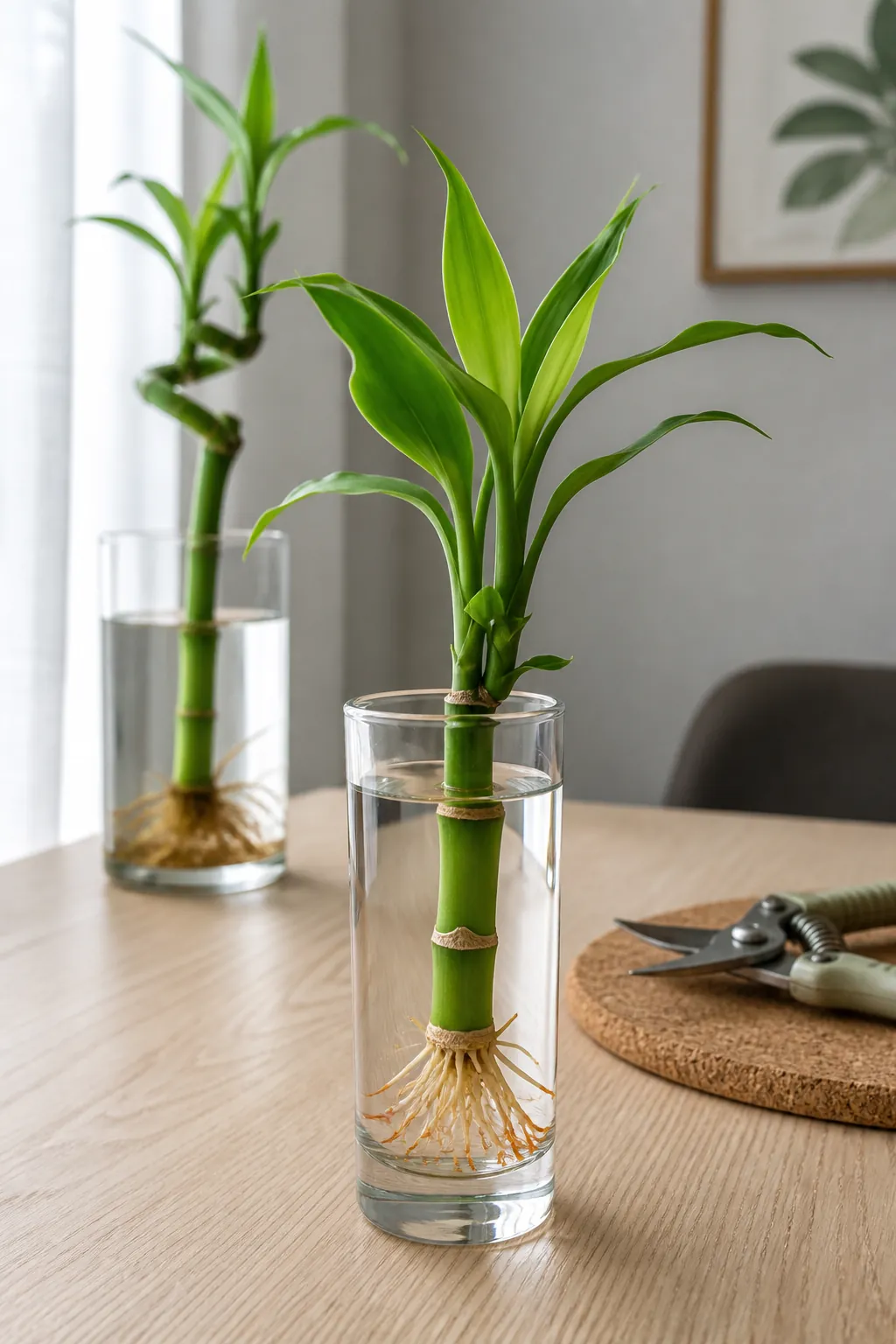 Lucky bamboo cutting developing healthy roots in clear water