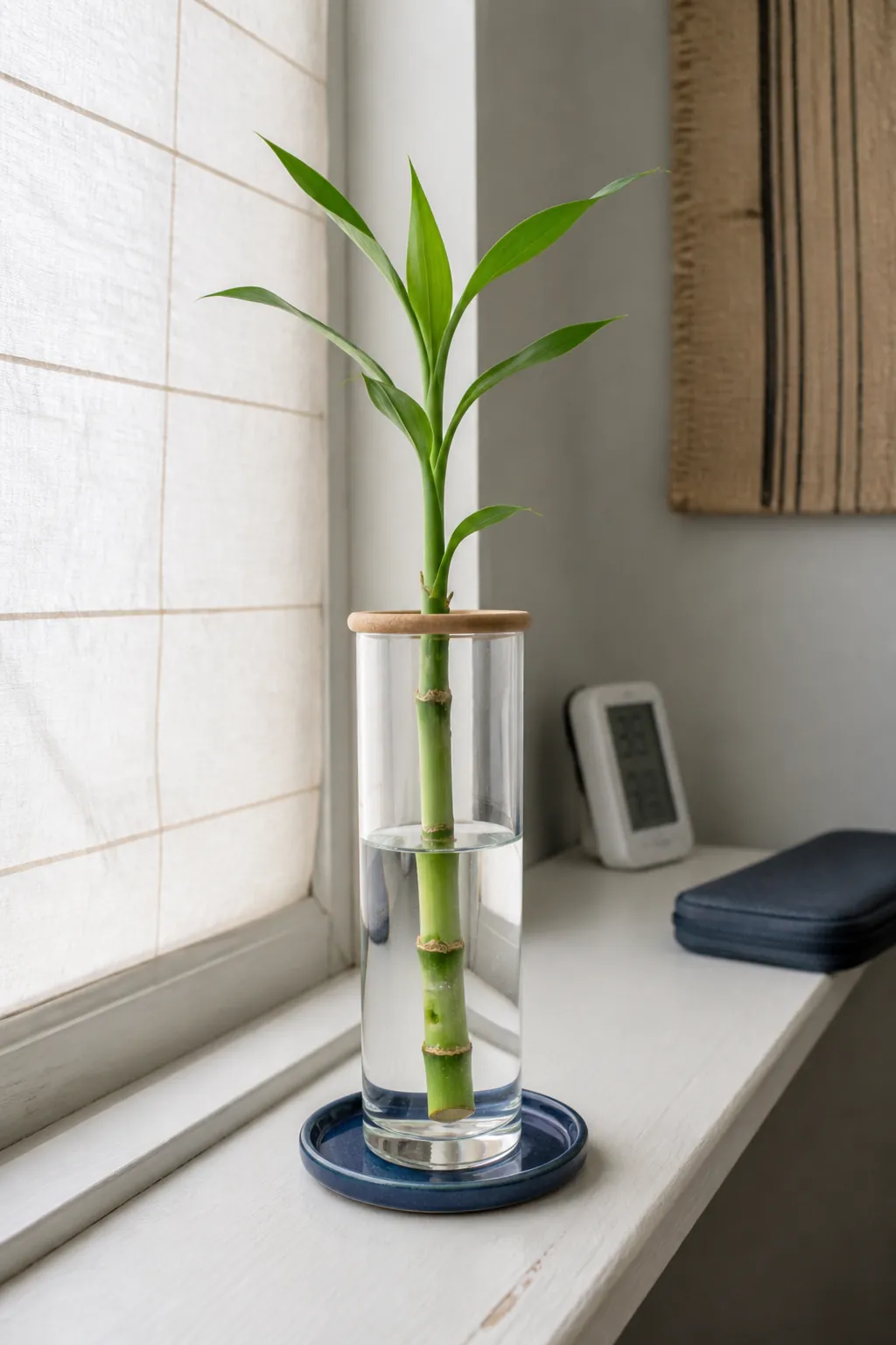 Lucky bamboo cutting with one node submerged in clean water