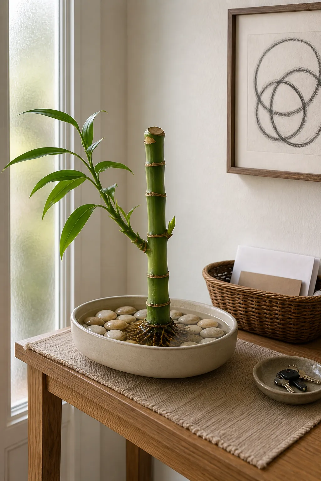 Healthy lucky bamboo mother cane forming new growth after cutting
