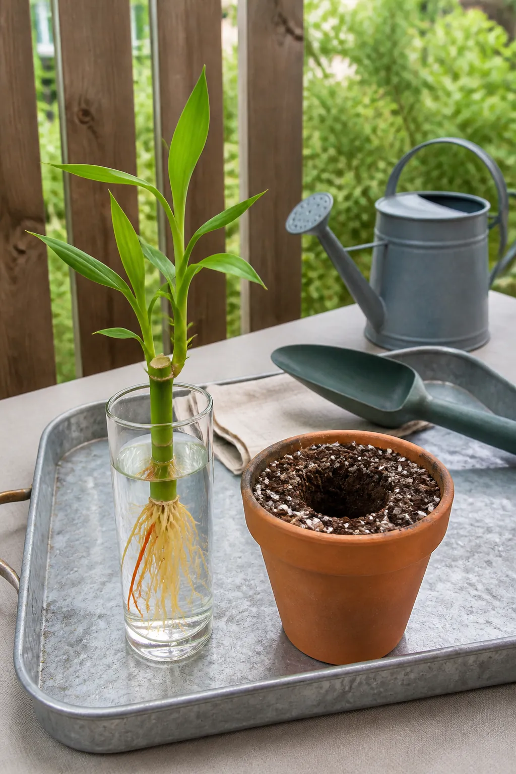 Rooted lucky bamboo cutting ready for a small pot