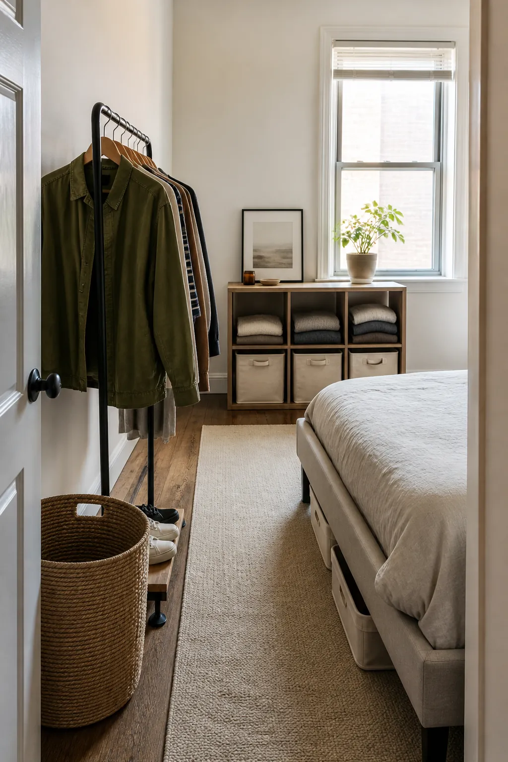 Complete clothes storage system in a compact bedroom with no dresser
