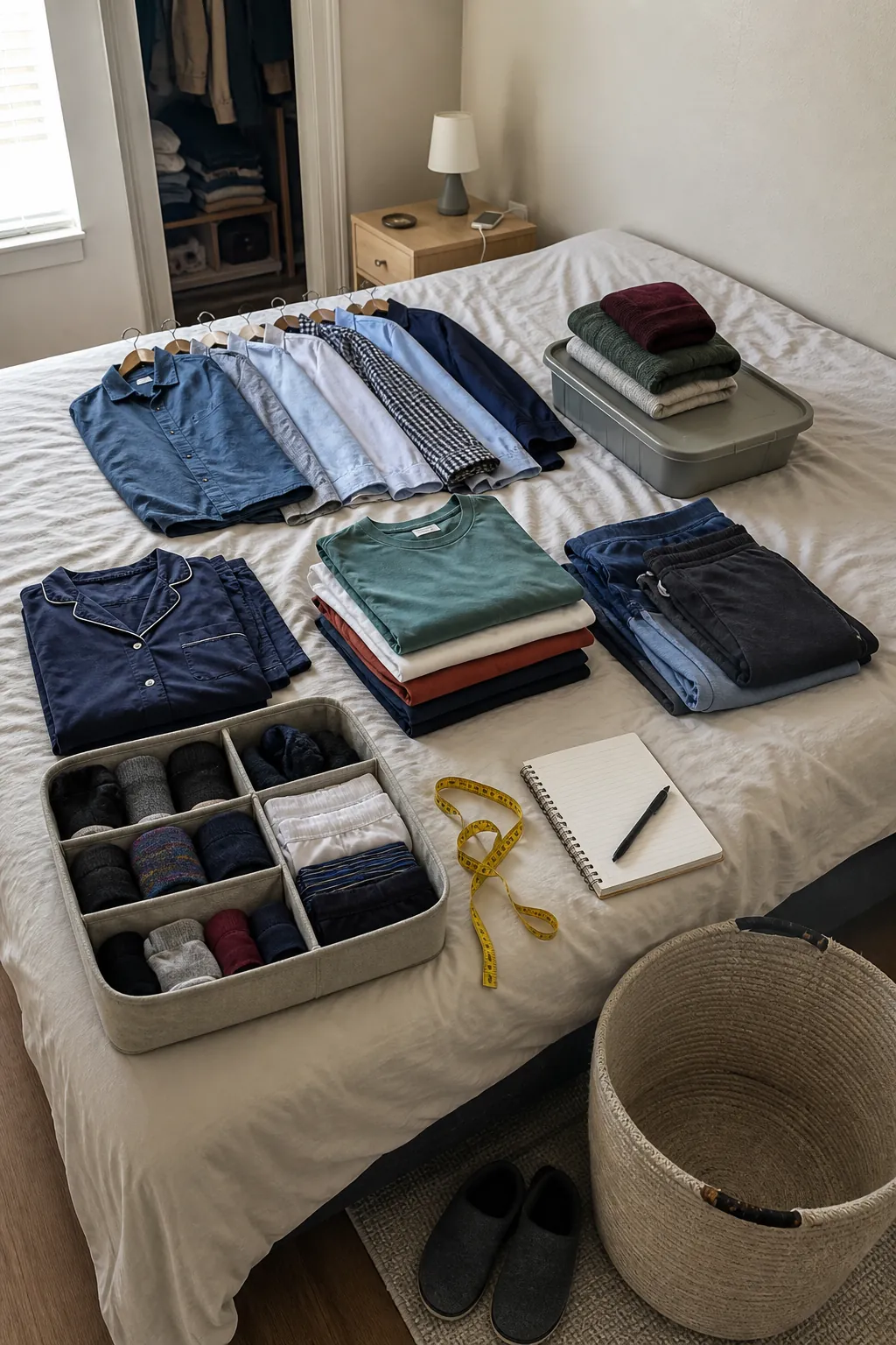 Clothes sorted into practical groups on a small bedroom bed before creating no dresser storage