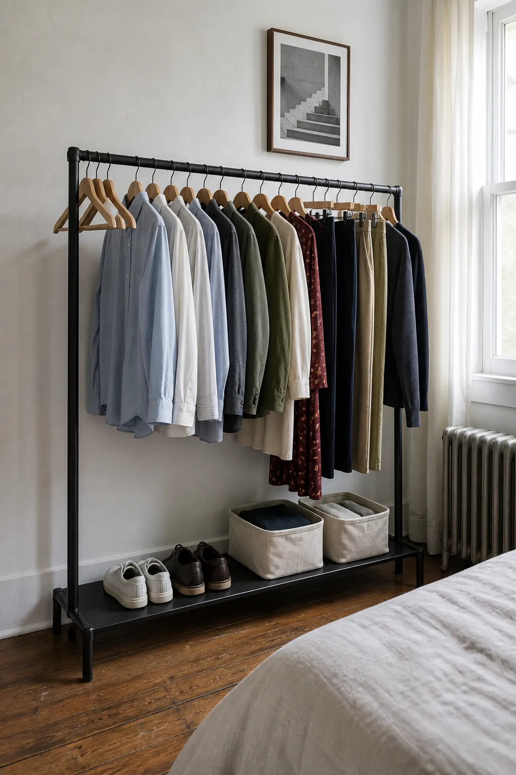 Narrow garment rack arranged as an open wardrobe in a small bedroom without a dresser