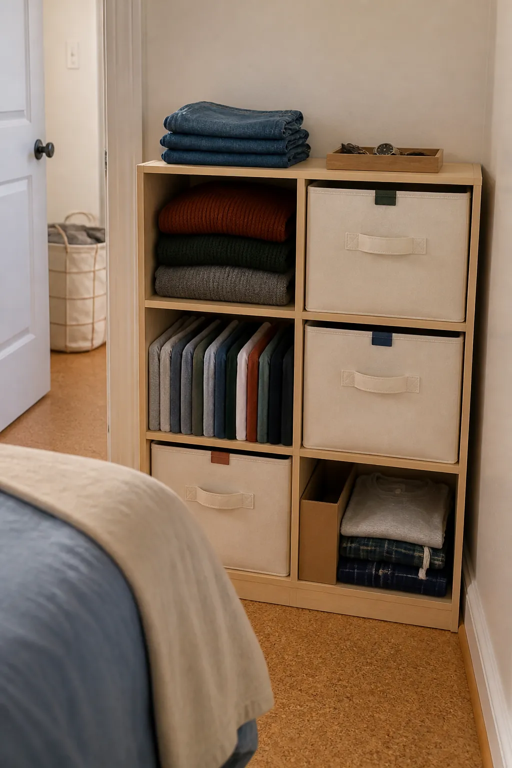 Cube shelf with fabric storage bins organizing folded clothes in a room with no dresser