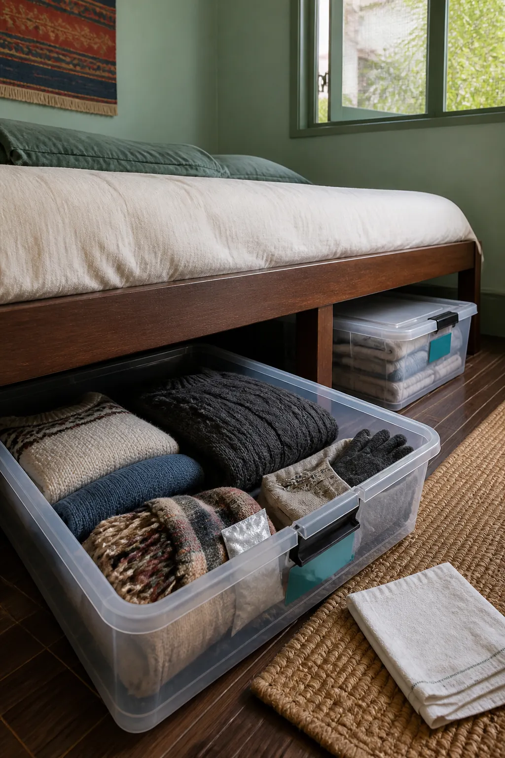 Lidded under bed bins storing clean seasonal clothes in a compact bedroom