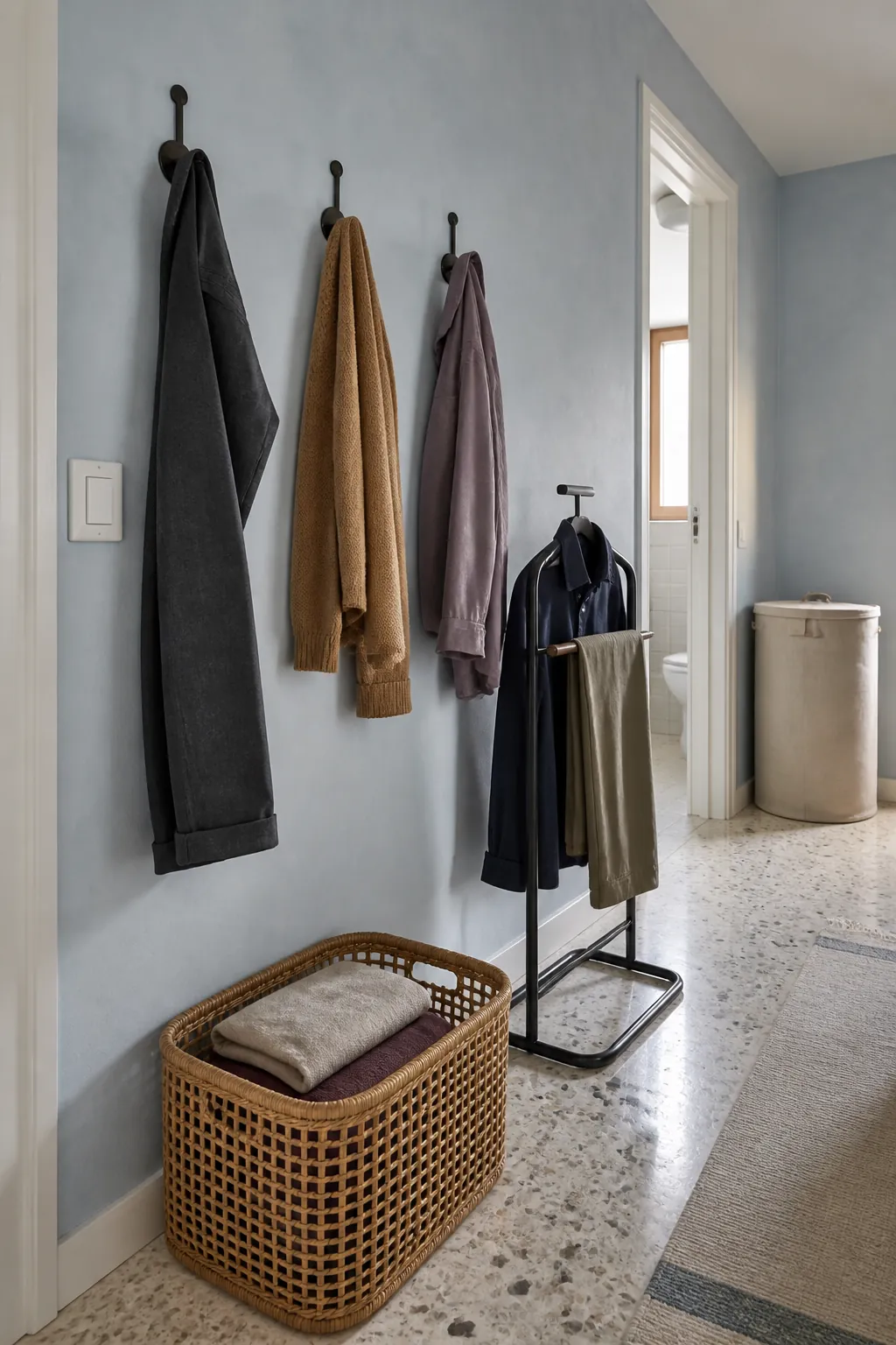 Wall hooks and a ventilated basket creating a tidy zone for clothes that can be worn again