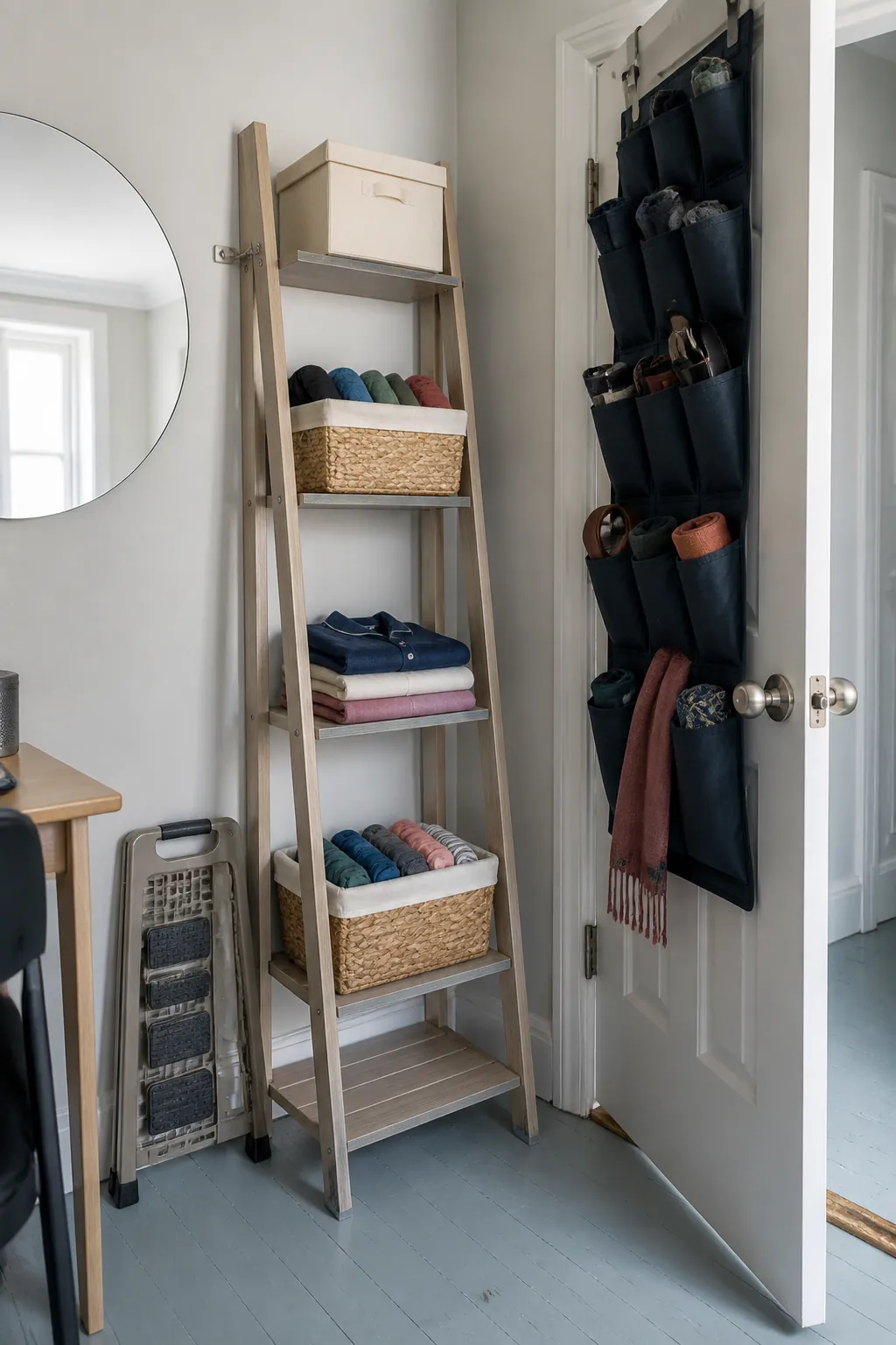 Renter friendly vertical clothes storage using a tall shelf and over door organizer