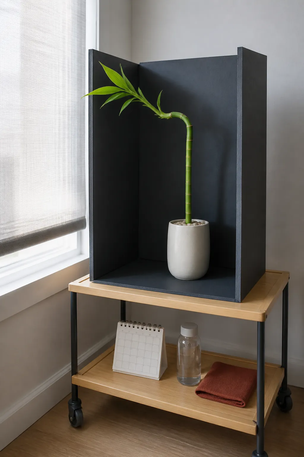 Lucky bamboo new growth trained toward indirect window light