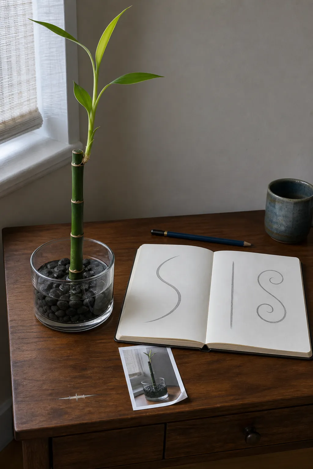 Lucky bamboo with a simple training plan beside the container