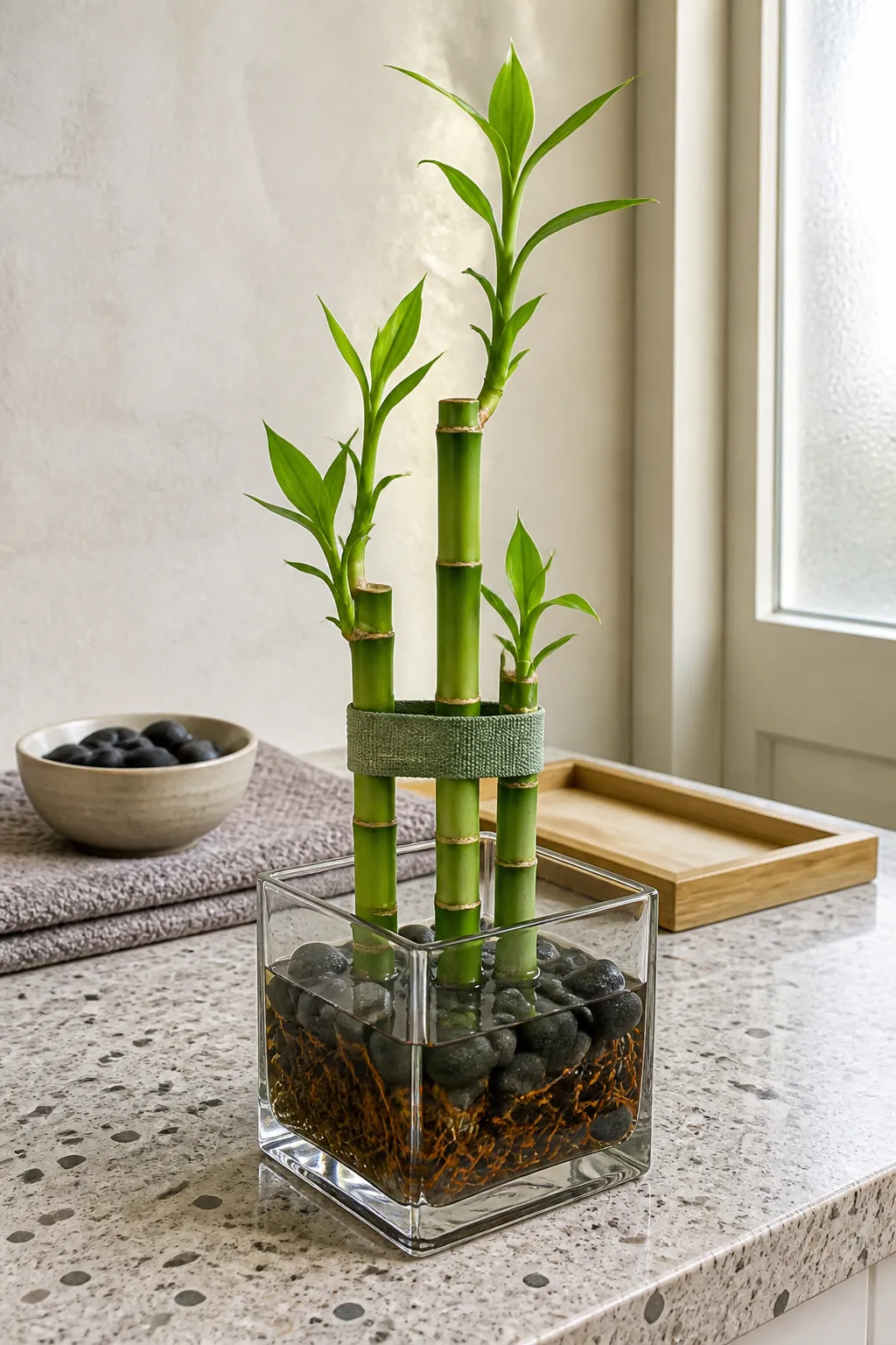 Stable lucky bamboo base with clean roots and loose support