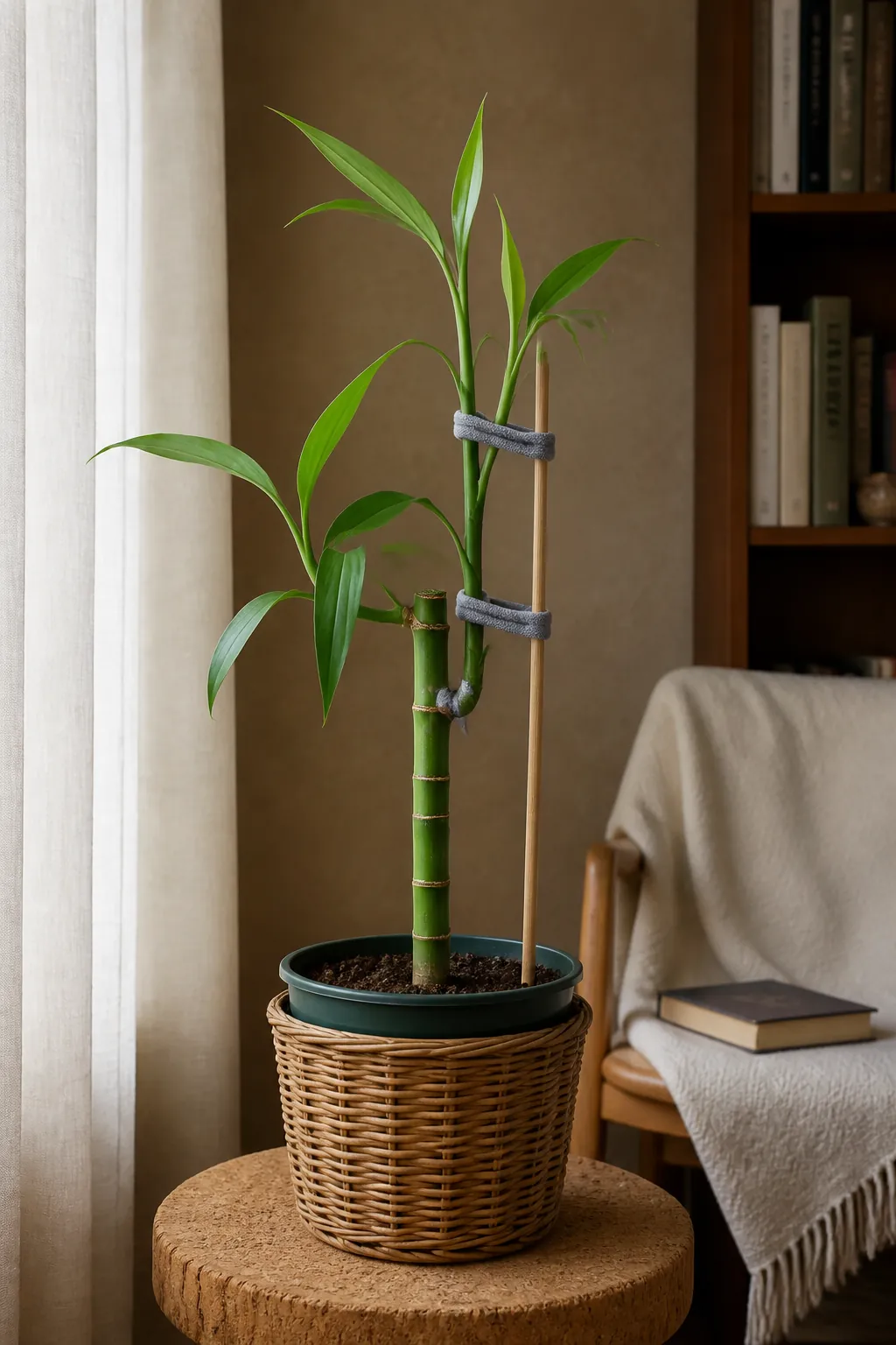 Loose soft tie supporting an upright lucky bamboo shoot
