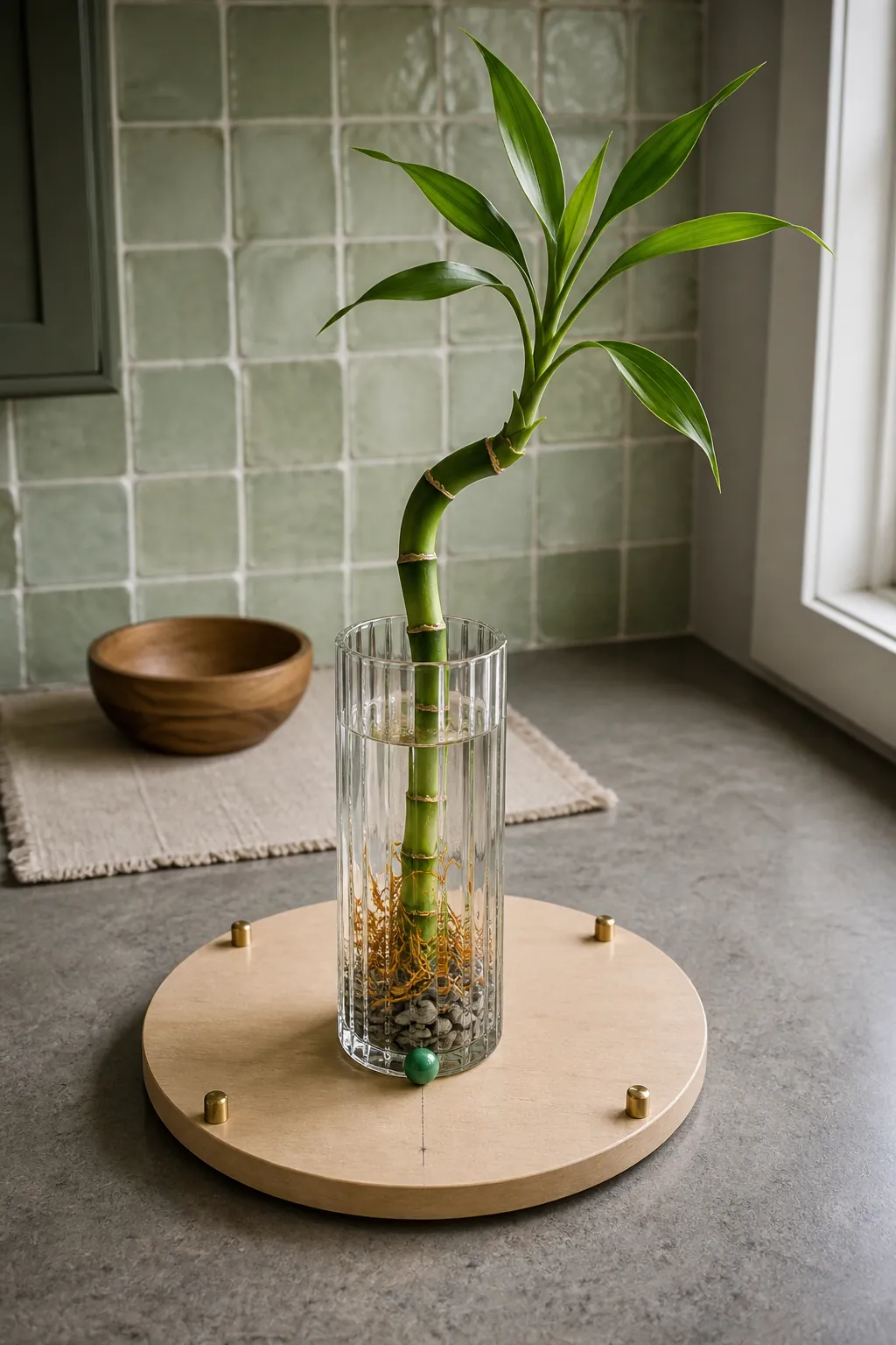 Marked lucky bamboo container ready for a measured rotation