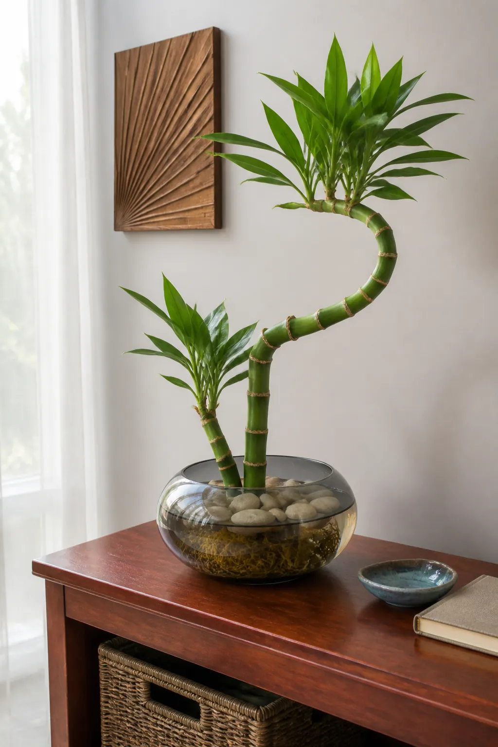 Healthy trained lucky bamboo displayed after supports are removed