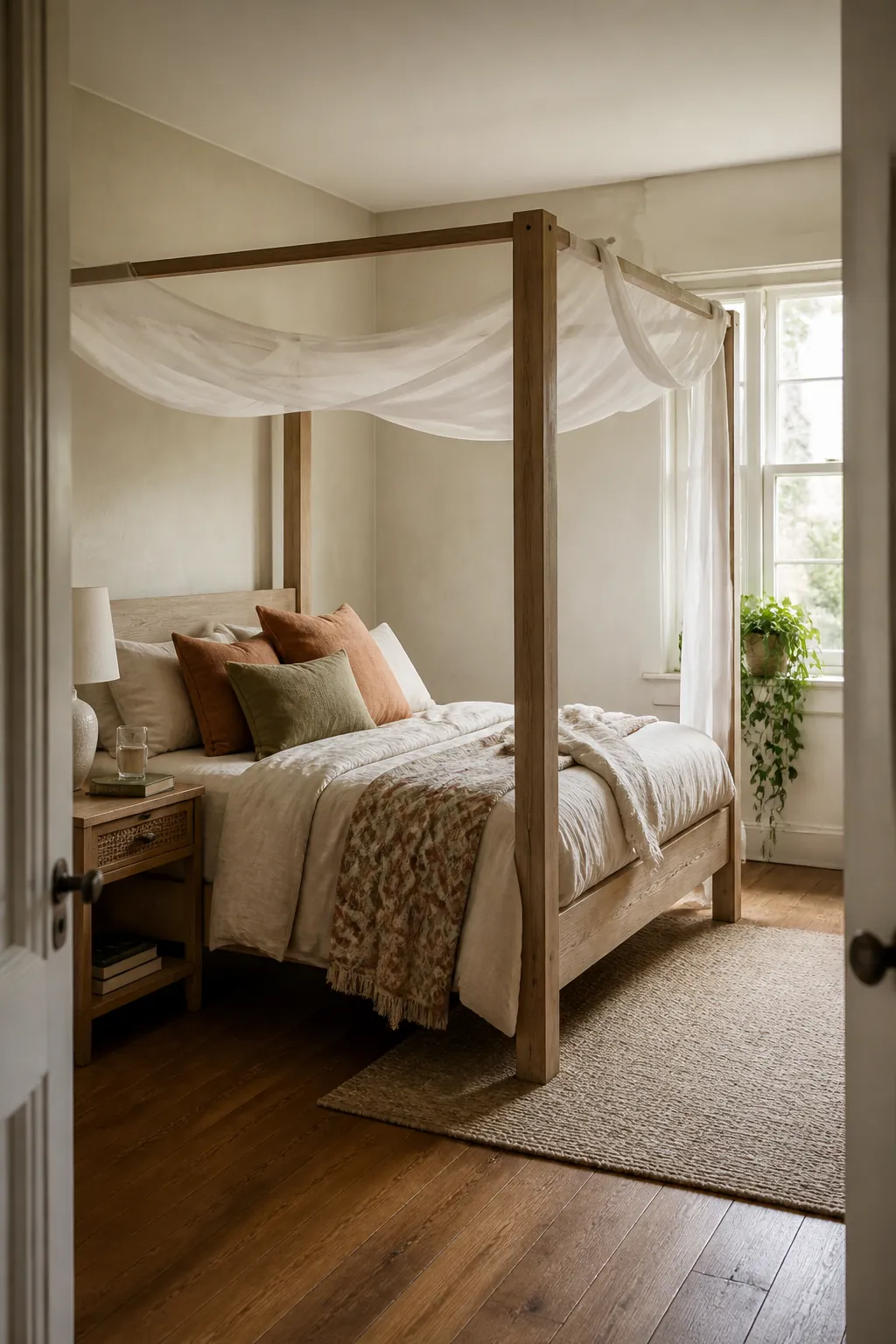 Warm wood boho canopy bed with airy linen drapes and natural bedroom textures