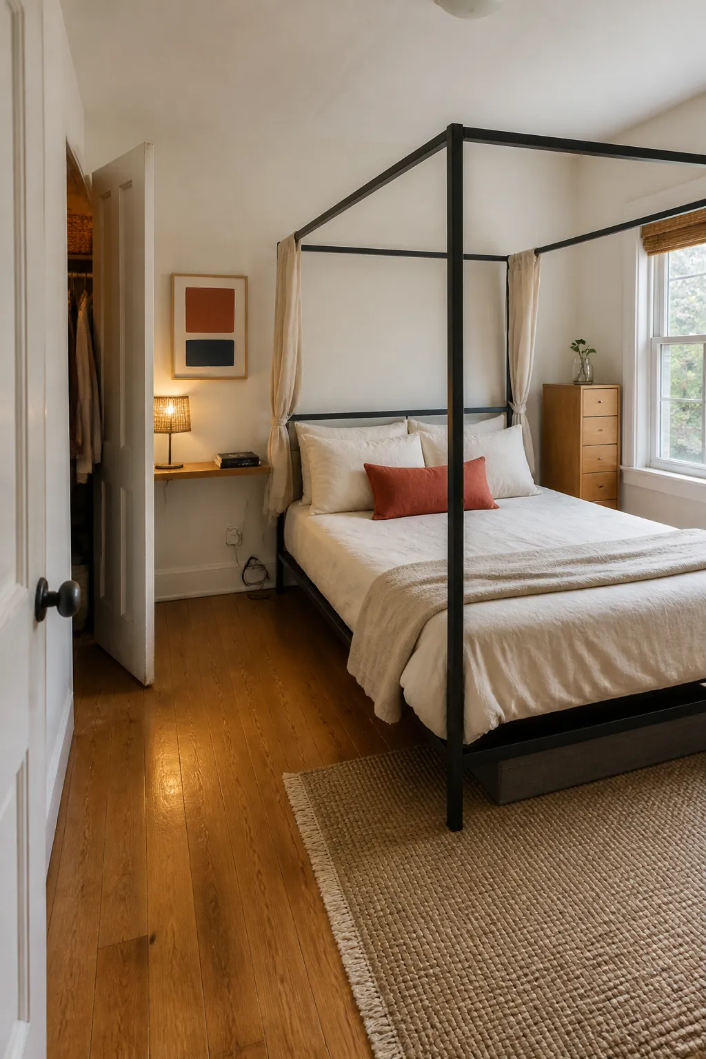 Boho canopy bed arranged with clear walking space in a compact bedroom