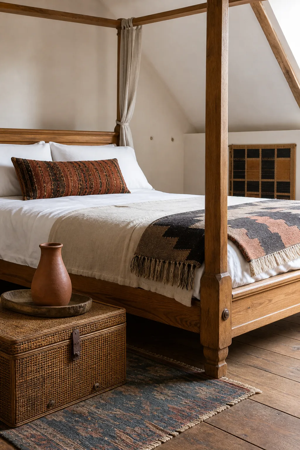 Natural textile layers and handcrafted accents on a boho canopy bed