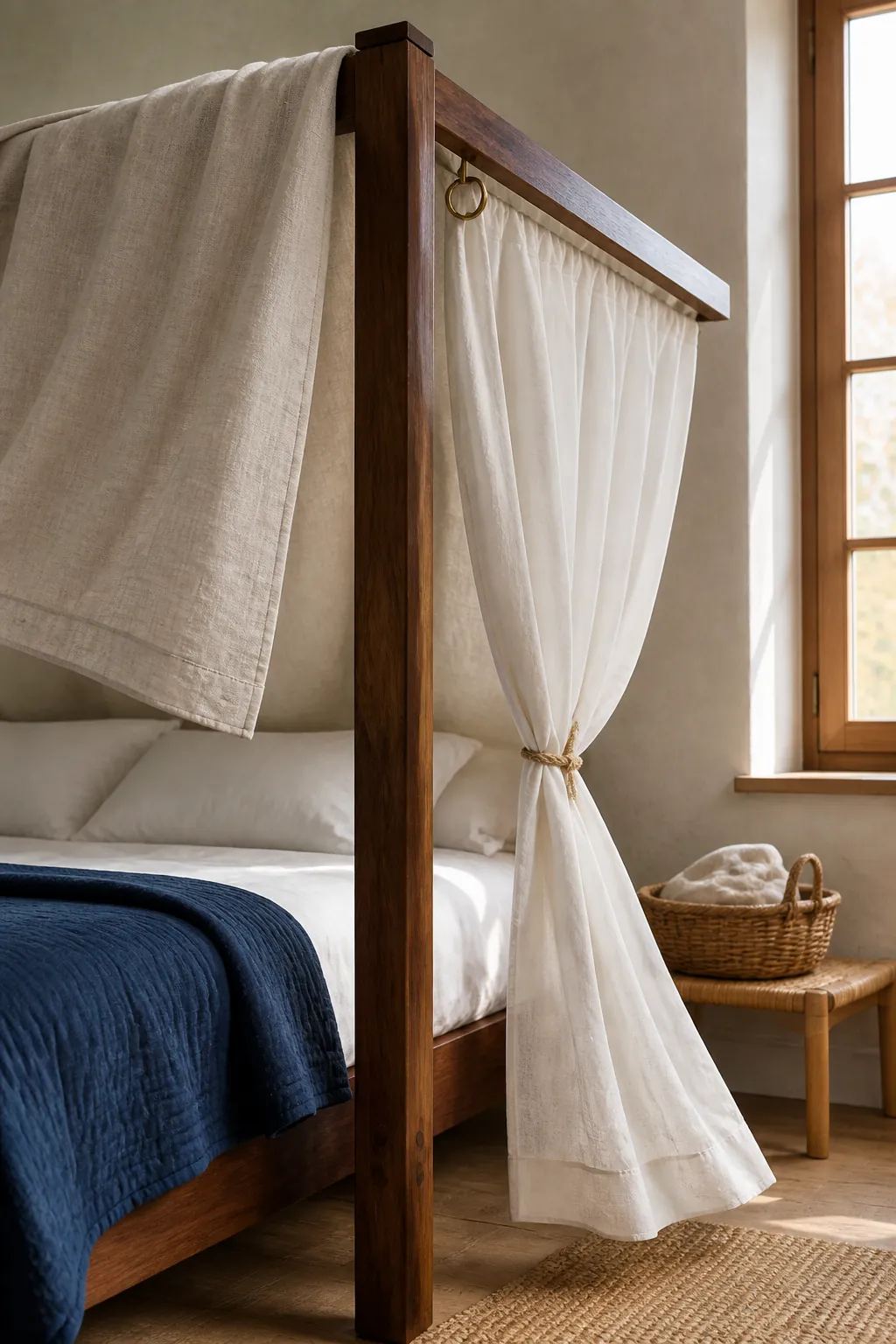 Washable linen drapes styled on a warm wood boho canopy bed