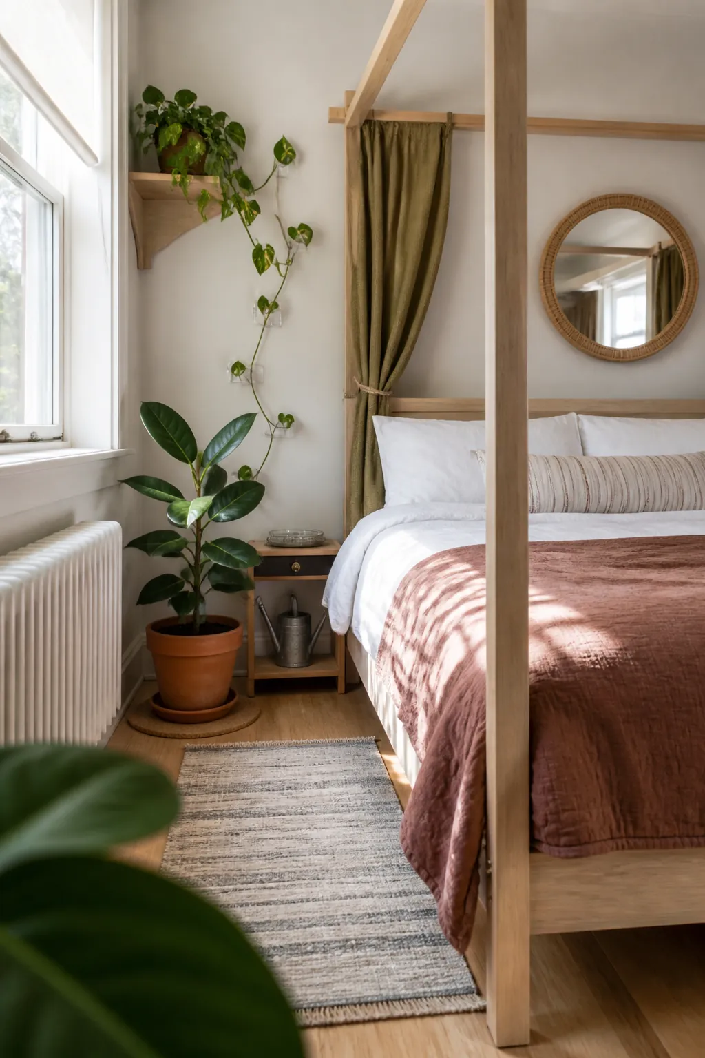 Thoughtful plant placement around a wood canopy bed in a bright bedroom