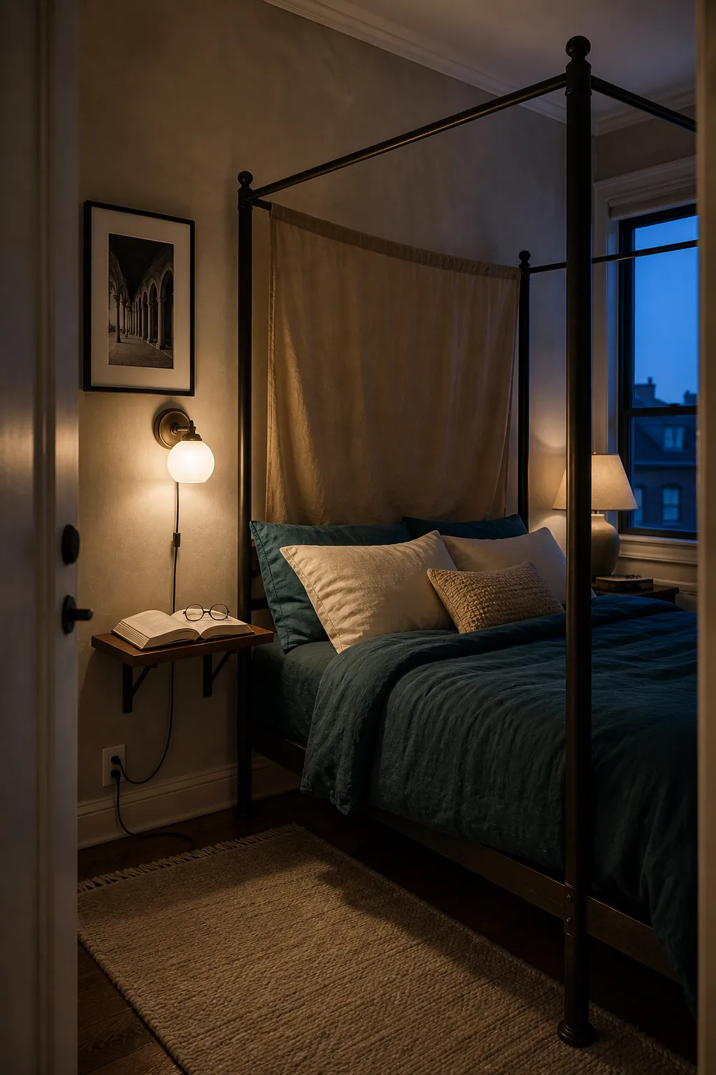 Warm layered reading lights beside a softly draped boho canopy bed