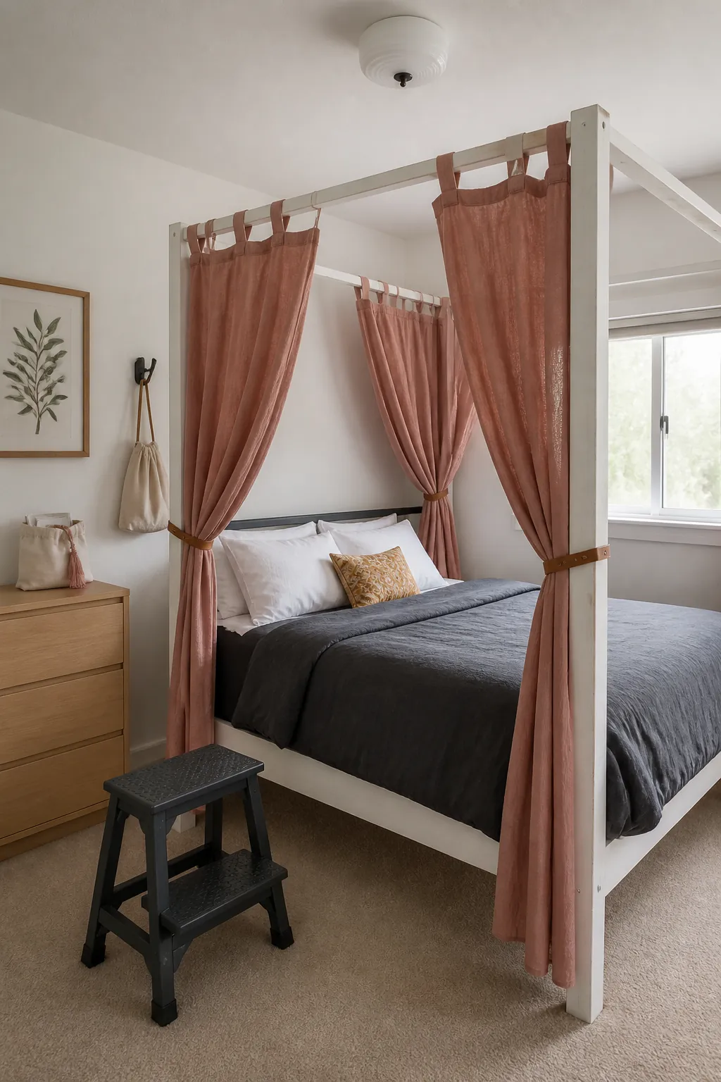 Renter friendly fabric styling on a simple four poster canopy bed