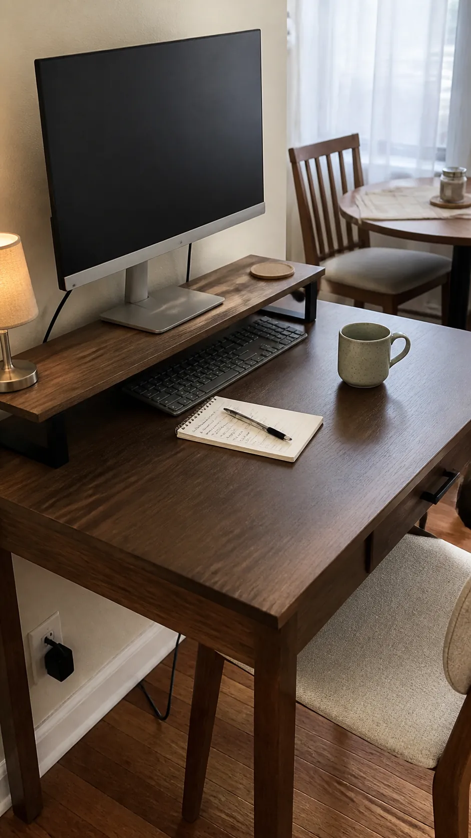 Small workspace with a narrow wood monitor shelf and keyboard storage
