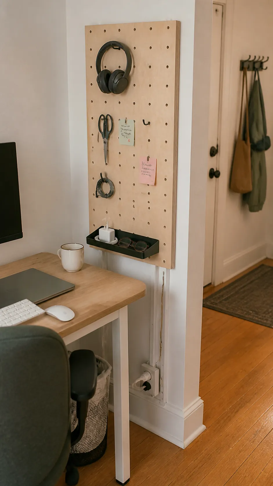 Tiny renter workspace with an organized freestanding pegboard