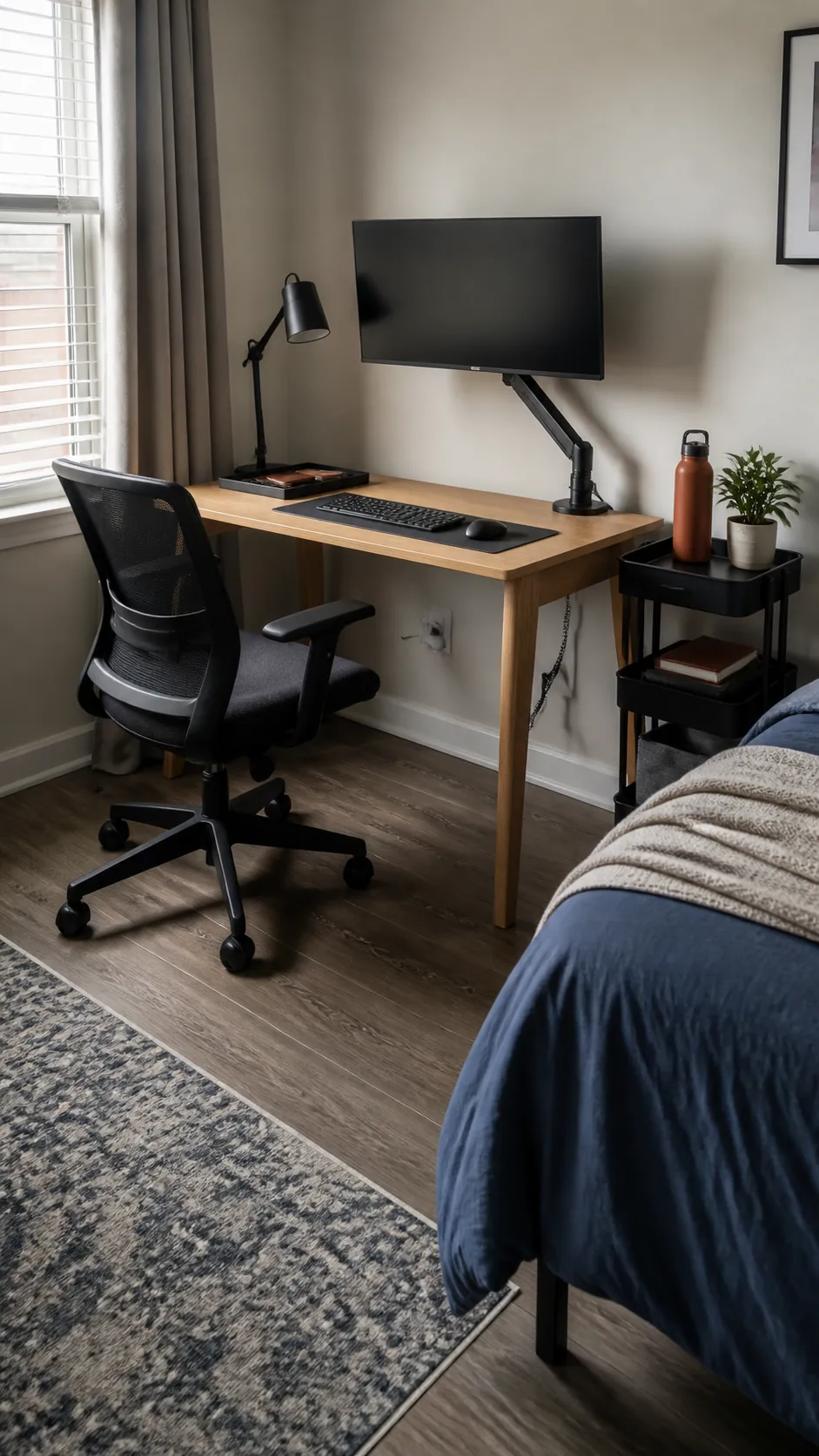 Compact small desk setup in a bright apartment bedroom corner