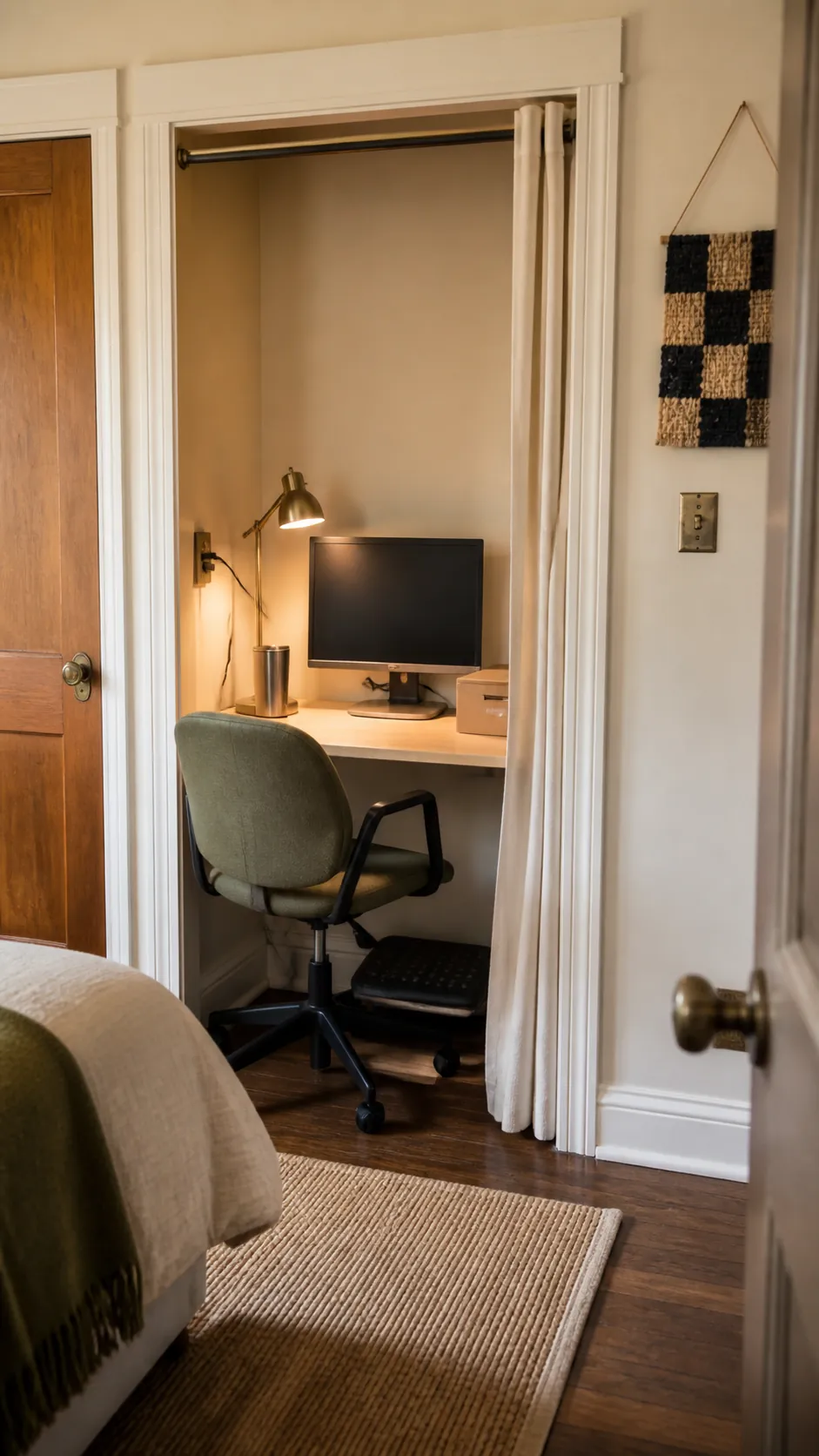 Shallow desk fitted neatly into an open closet niche