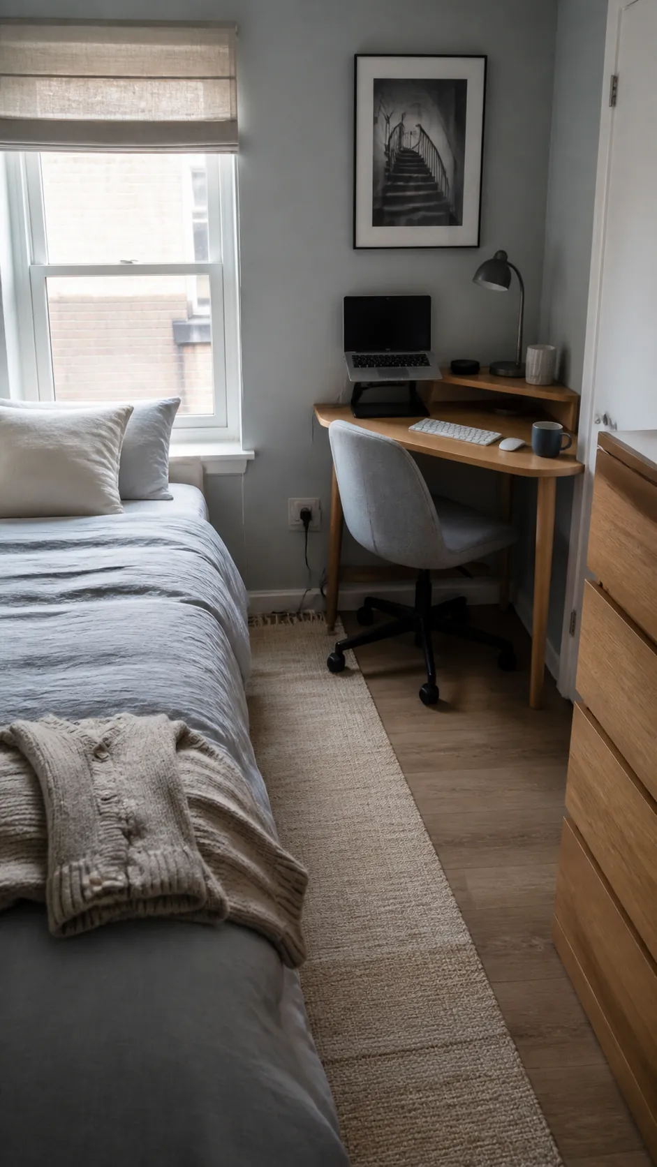Compact bedroom corner desk arranged beside a window