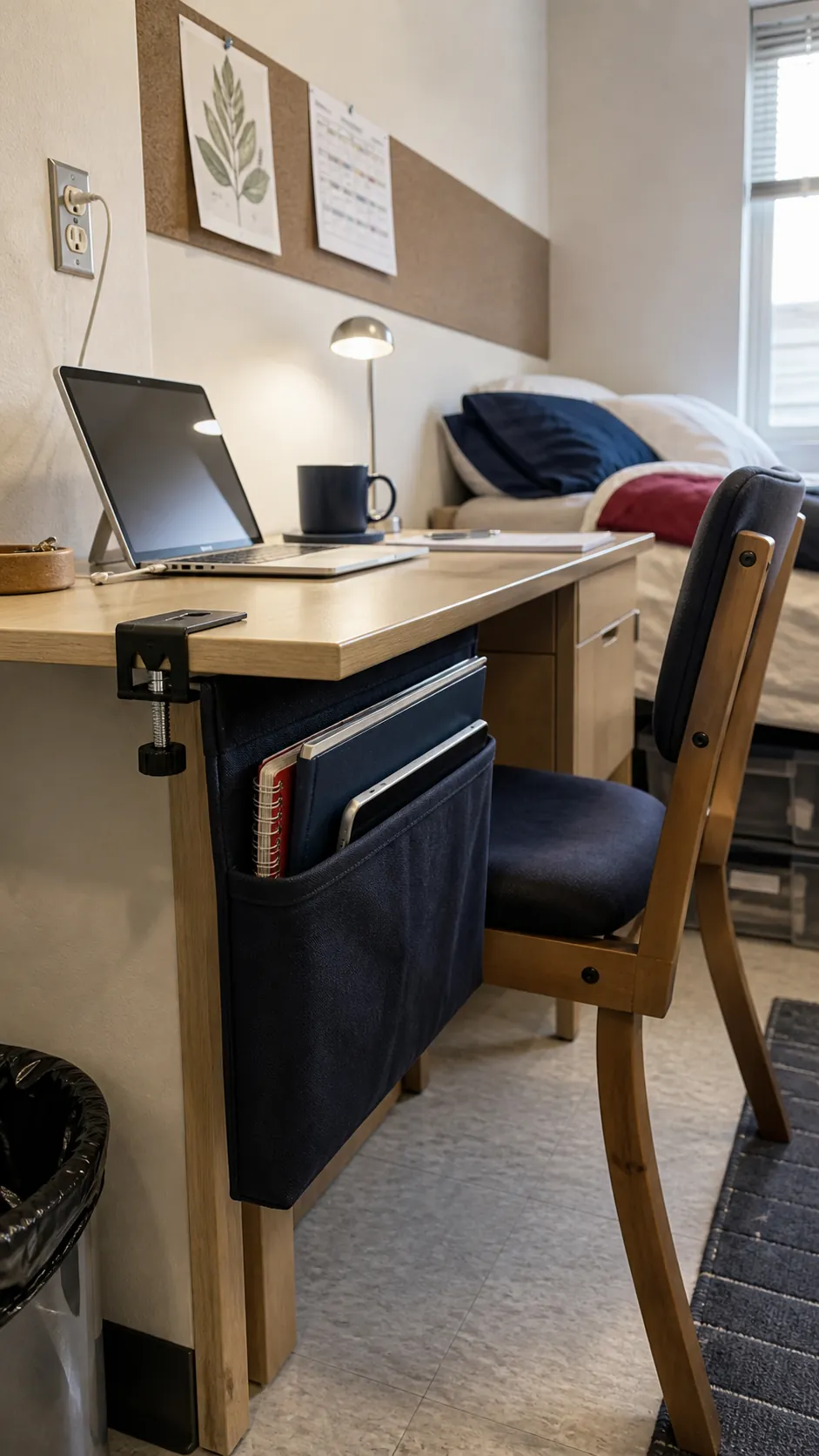 Narrow desk with a clamp mounted side pocket for notebooks