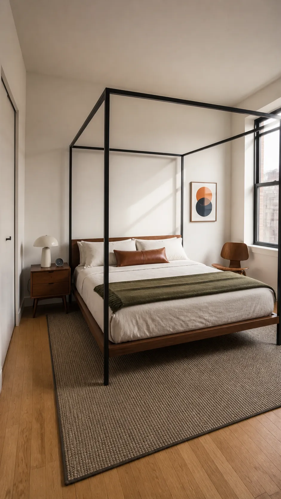 Clean lined mid century modern canopy bed in a balanced bedroom