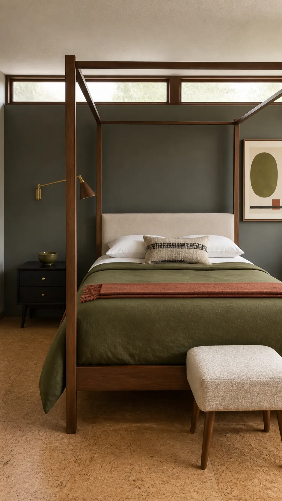 Olive bedding creating a focused color story on a midcentury canopy bed