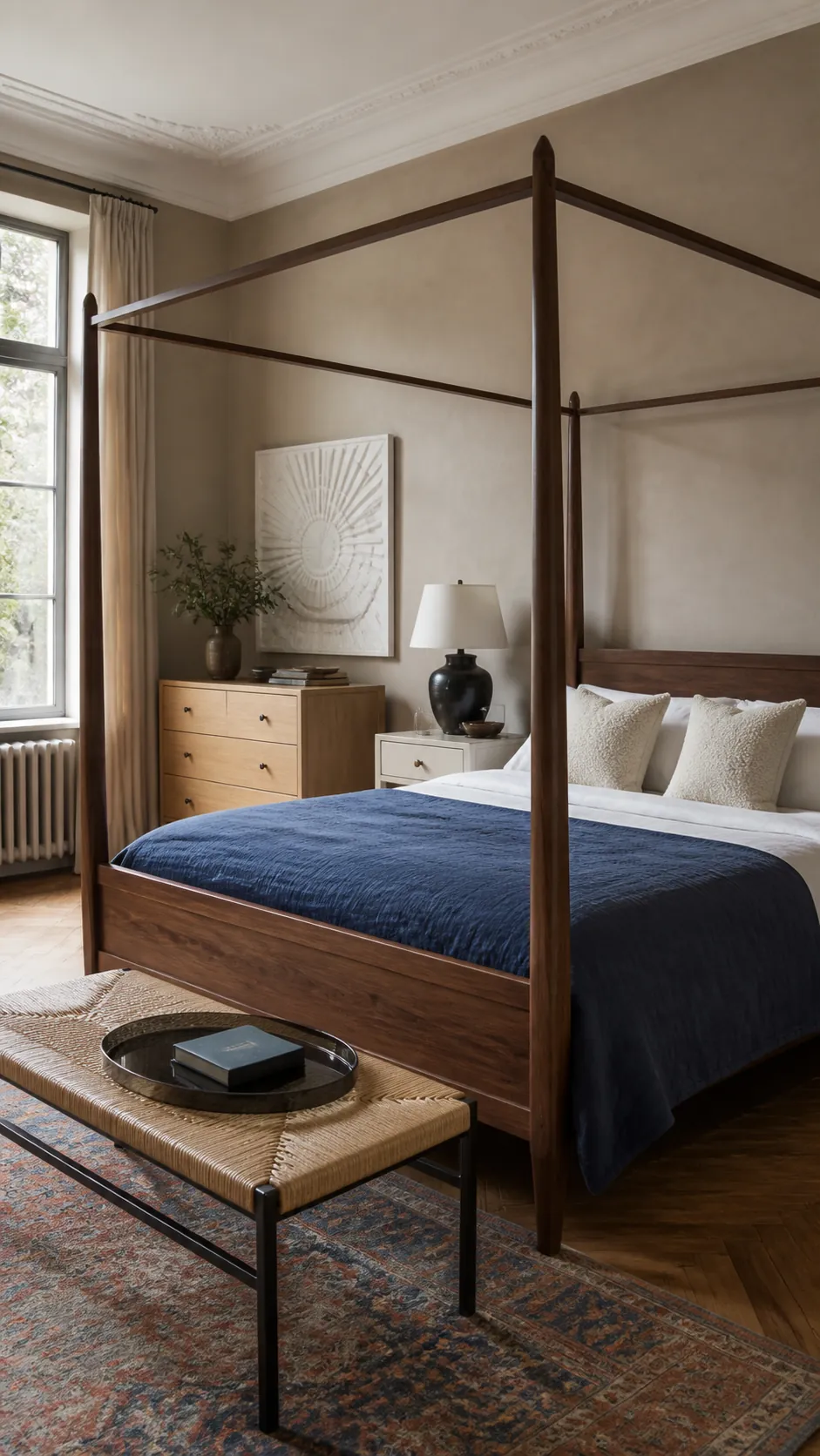 Walnut canopy bed balanced with lighter oak and ceramic bedroom accents