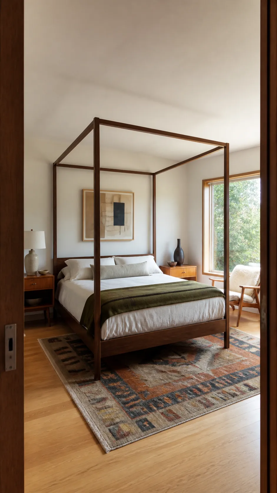 Walnut mid century modern canopy bed in a refined sunlit bedroom