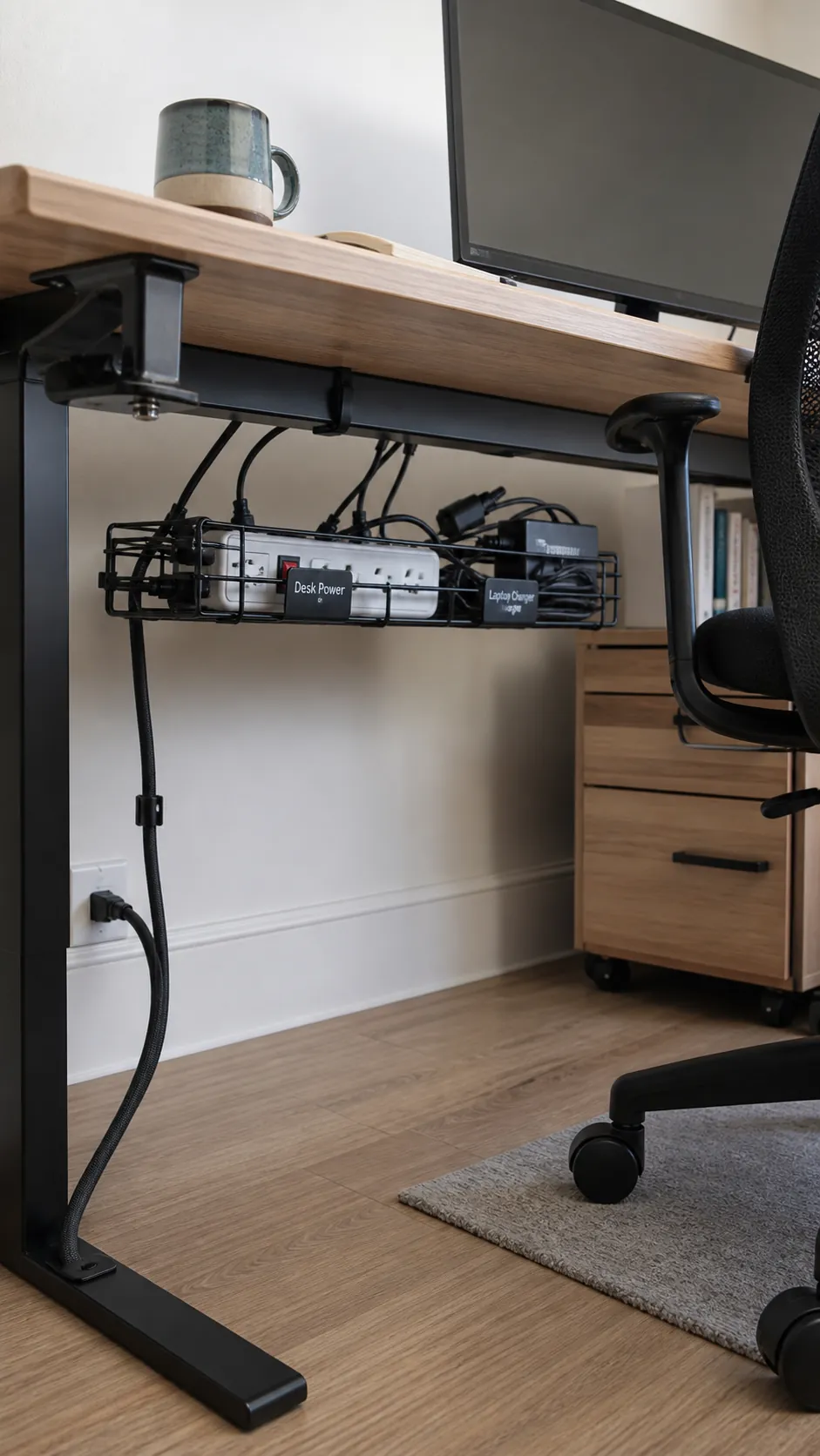 Orderly cable tray mounted beneath a small home office desk