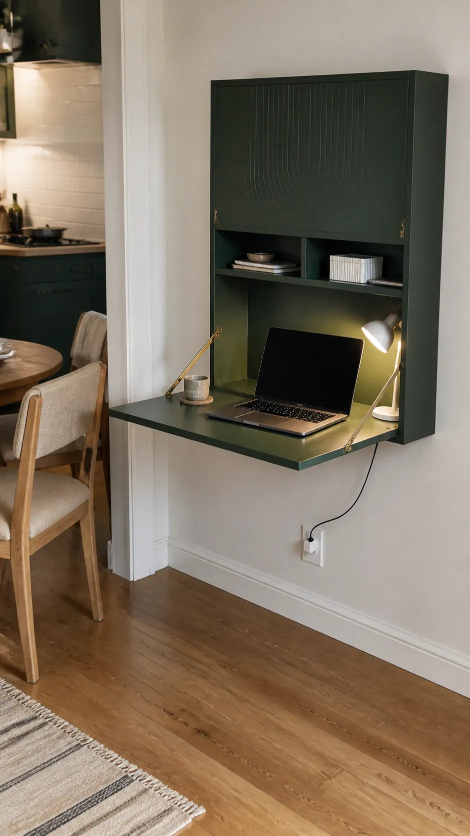 Fold away wall desk opened for work in a small studio