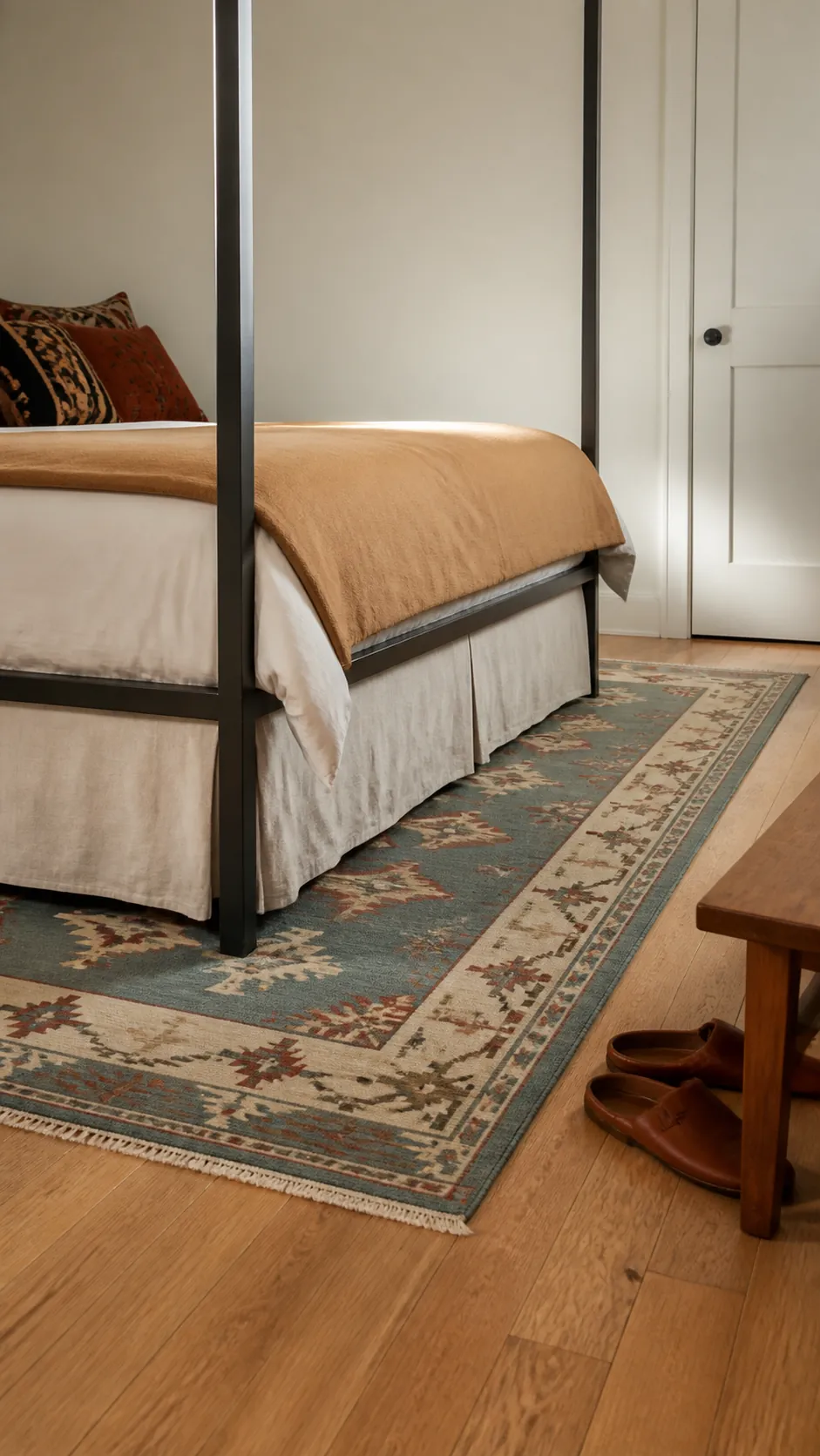Tailored bedding and correctly placed rug beneath a modern canopy bed