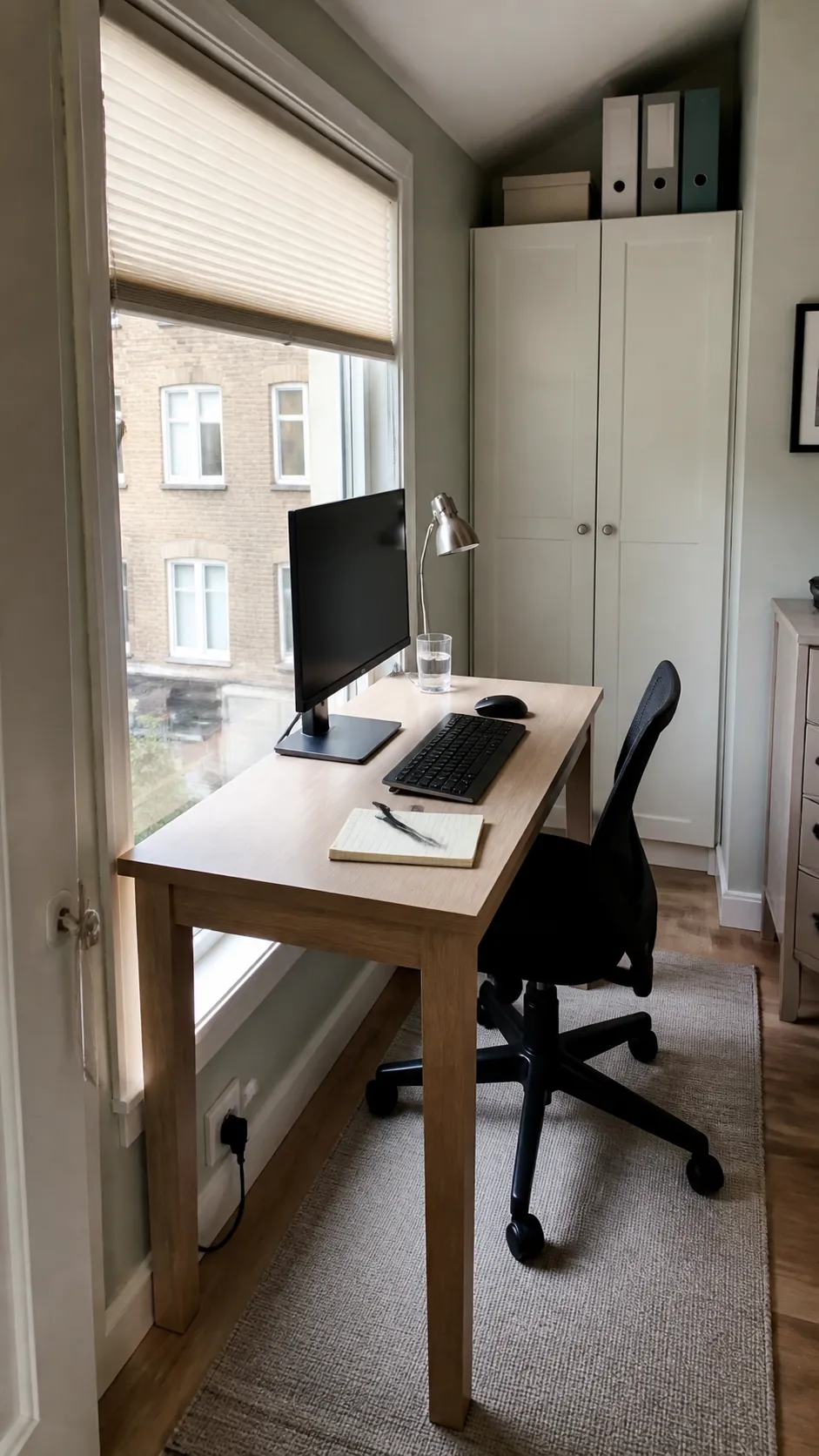 Bright compact desk positioned perpendicular to a window