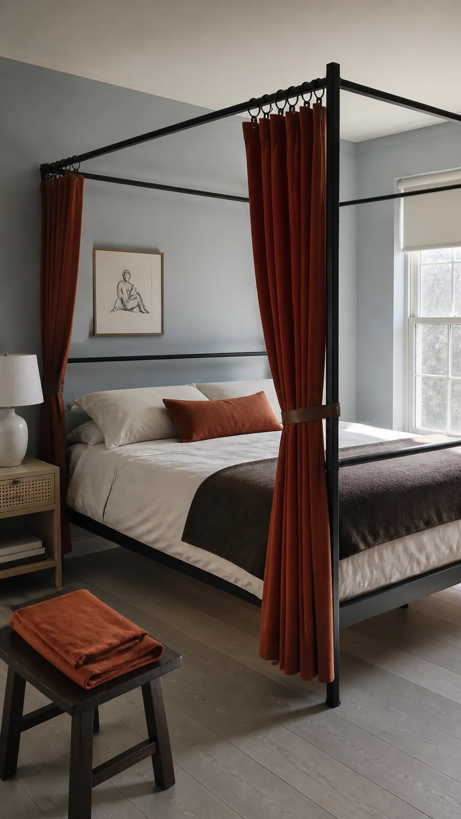 Tailored rust drapes softening an iron mid century canopy bed