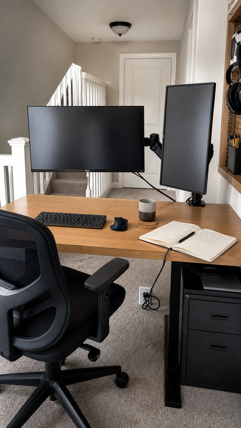 Small desk with one central monitor and one portrait display