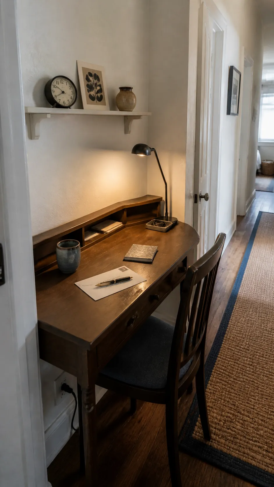 Compact writing desk beneath a slim organized picture ledge