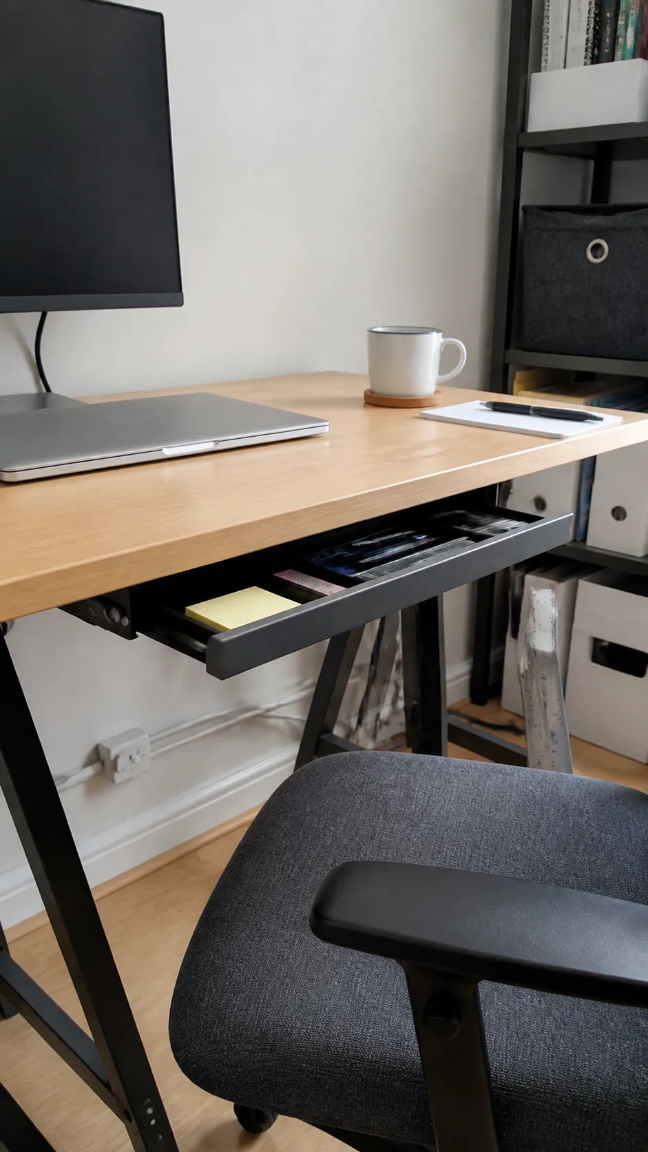 Slim drawer fitted beneath a compact desk surface