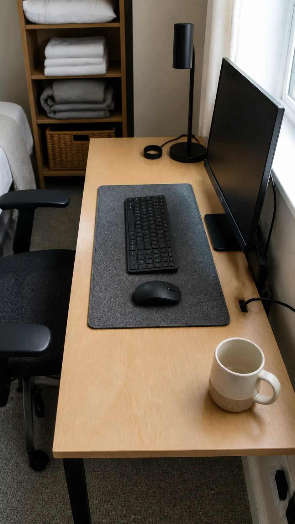 Compact work desk organized around a fitted fabric desk mat